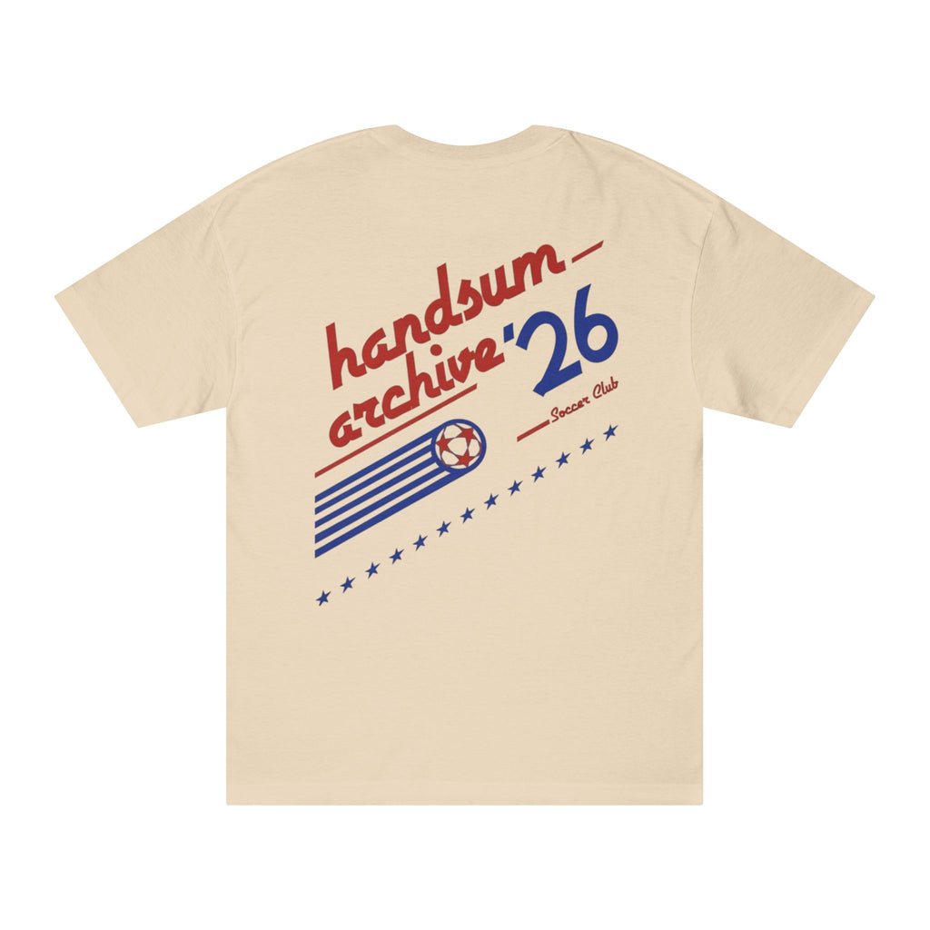 Light sand crewneck T-shirt with large back graphic print.