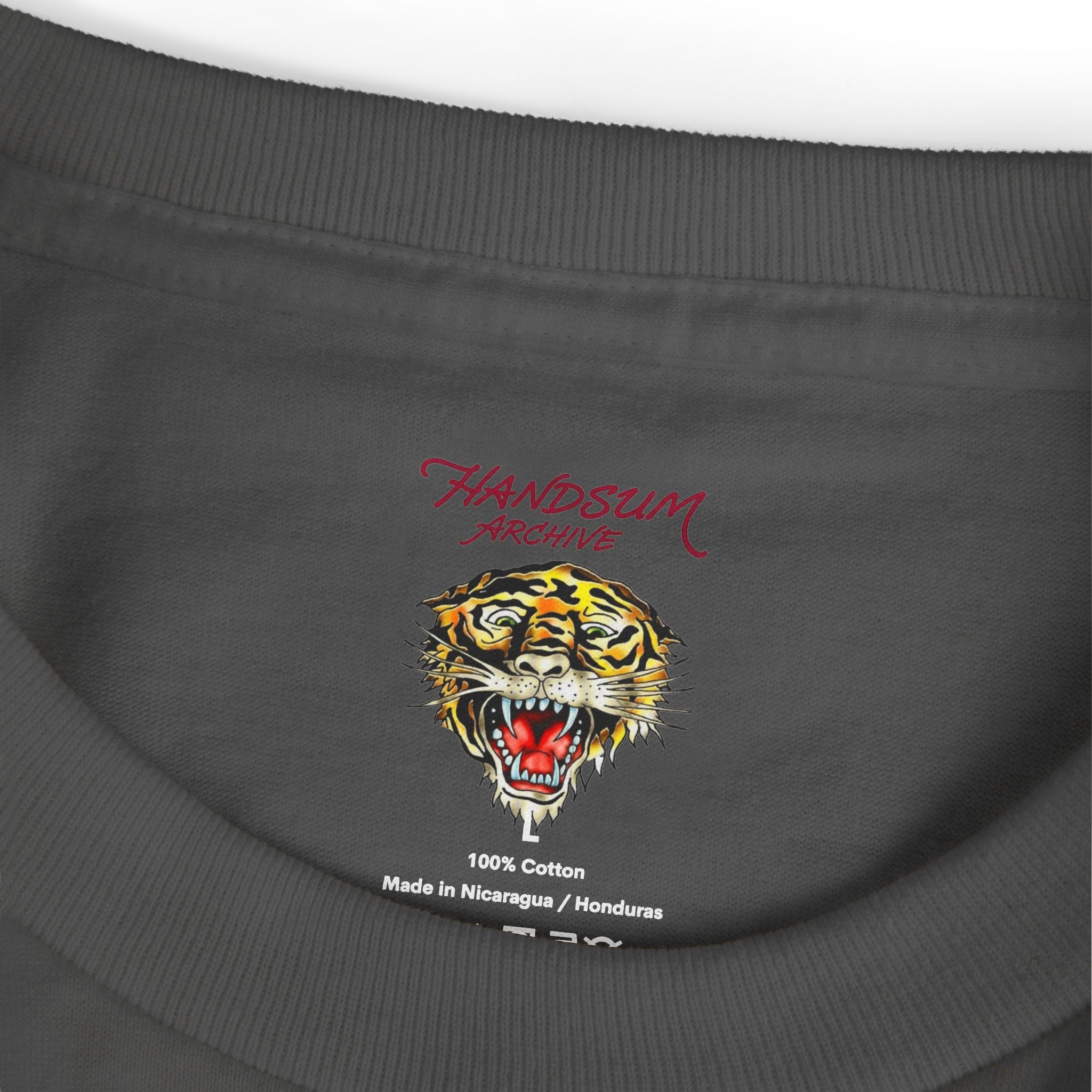 Charcoal cotton T-shirt neckline with tiger head logo and 100% cotton text