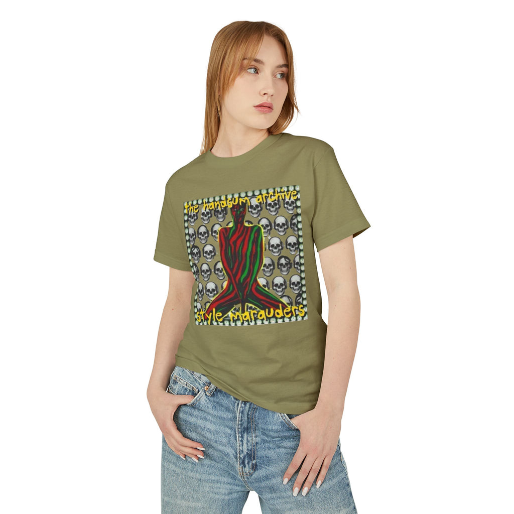 Marauders graphic tee in faded army green with colorful skull pattern and red hand front print