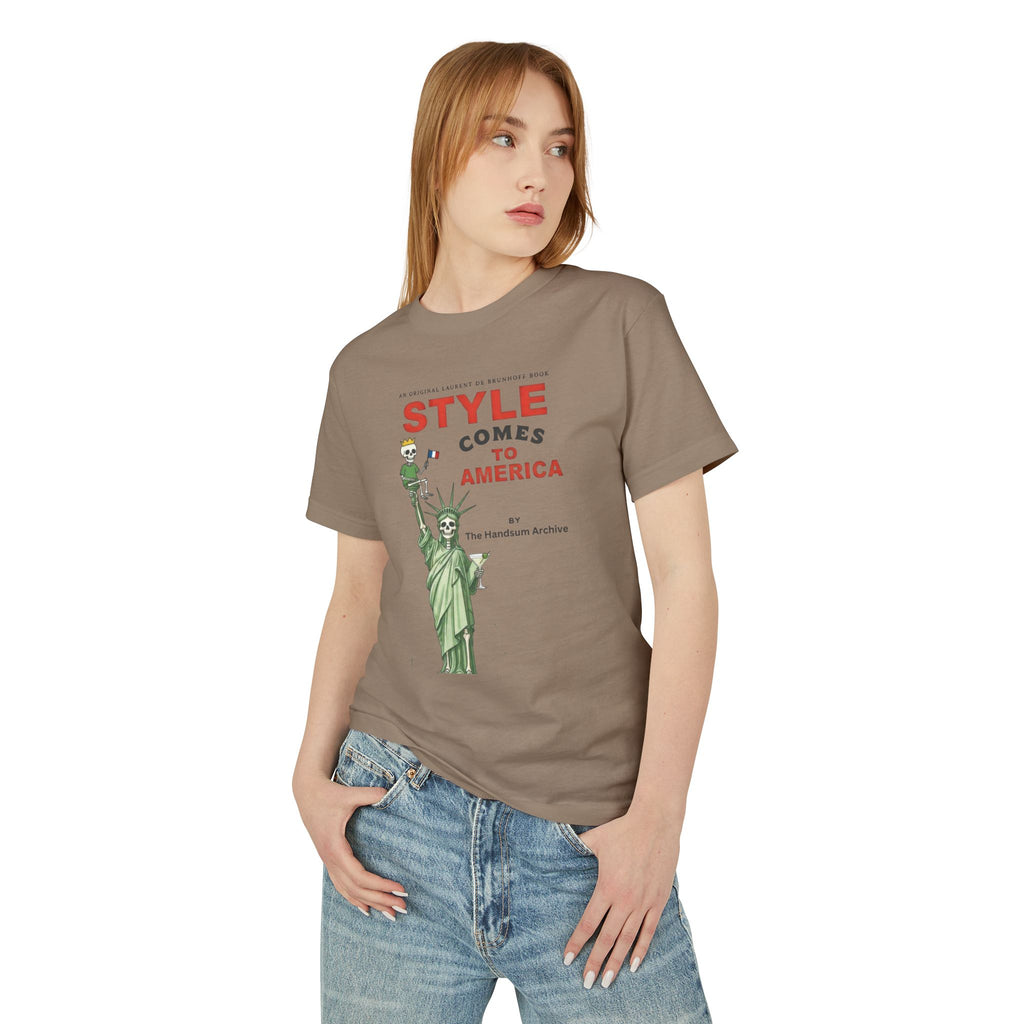 Faded brown crewneck tee with Statue of Liberty-style front print