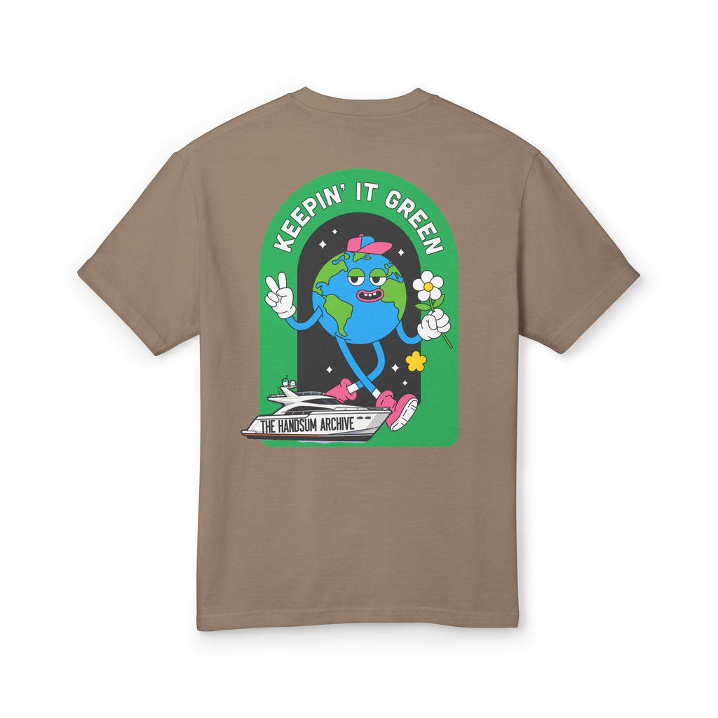 Faded brown unisex tee with back globe cartoon and 'Keepin' It Green' text