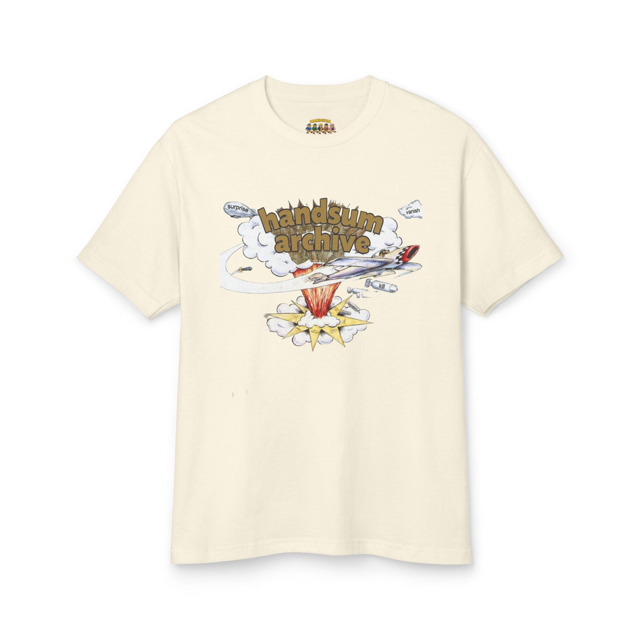 Cream graphic tee with handsum archive artwork on the front