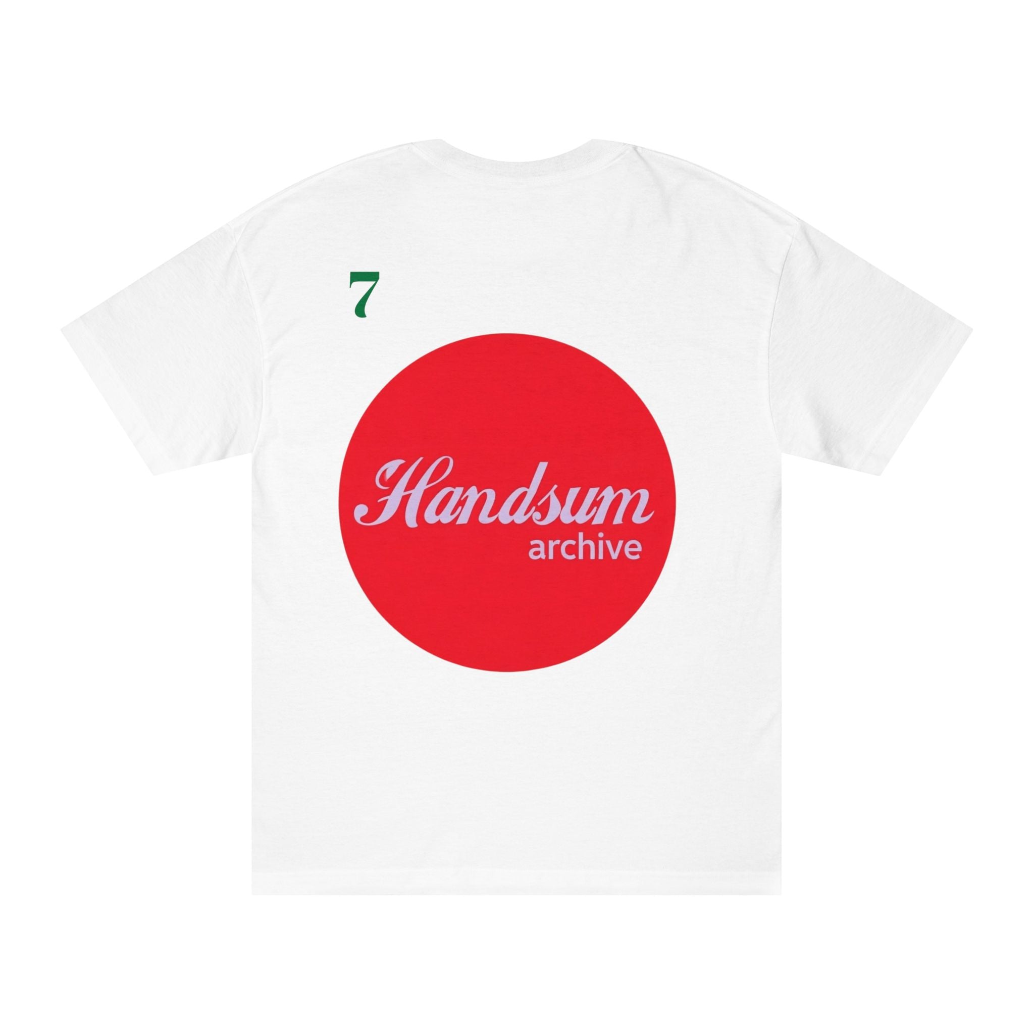 White crewneck tee with large red circle Handsum archive logo