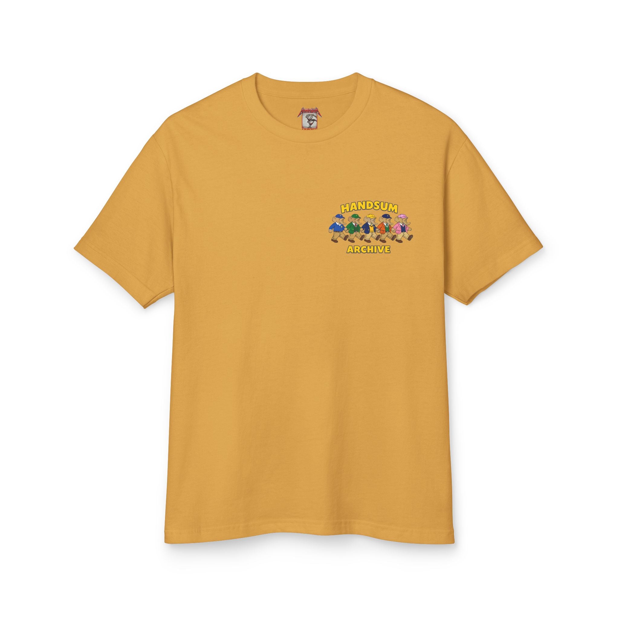 Mustard Liberty Style tee with small chest logo graphic and crew neck