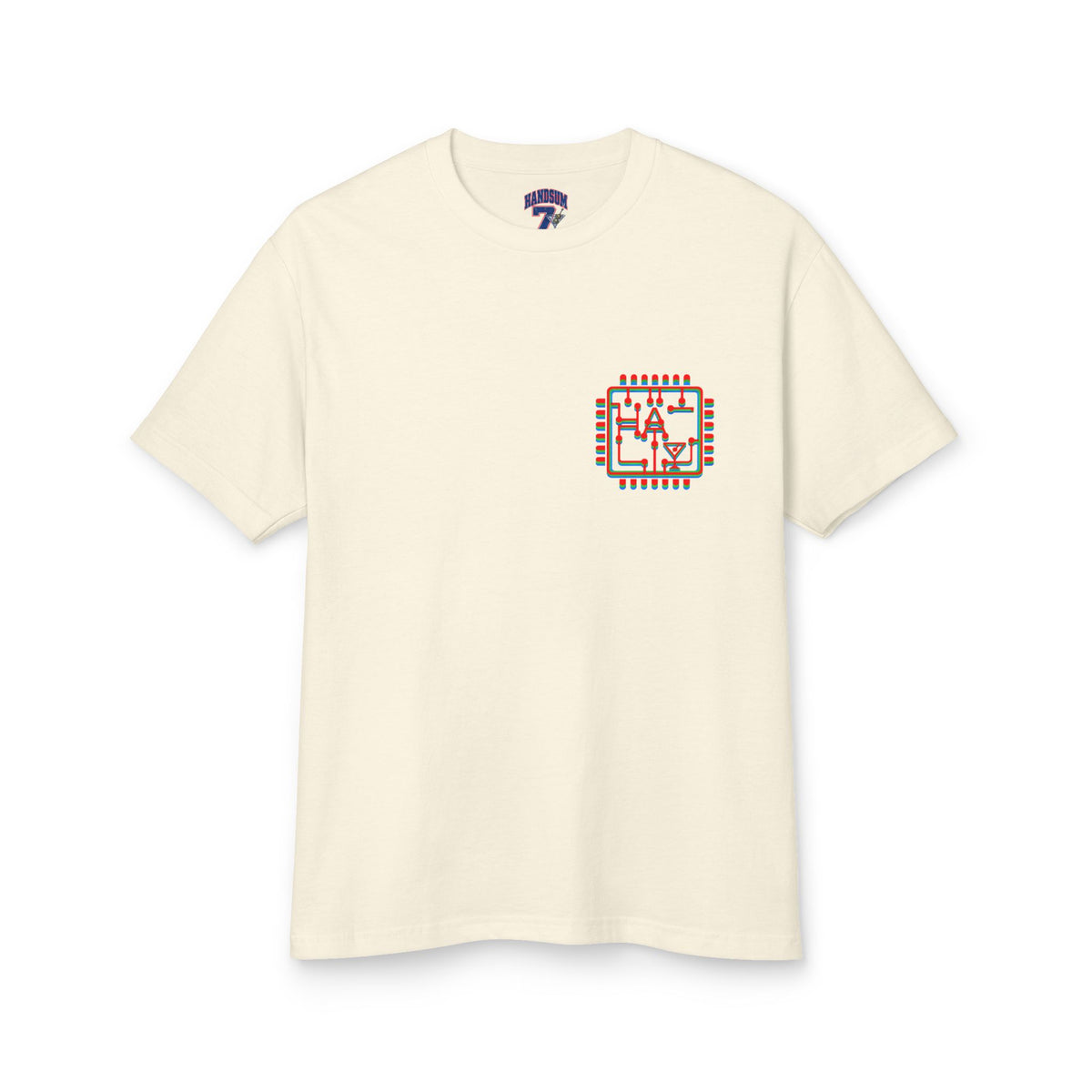 Cream graphic tee with small retro square logo on the chest
