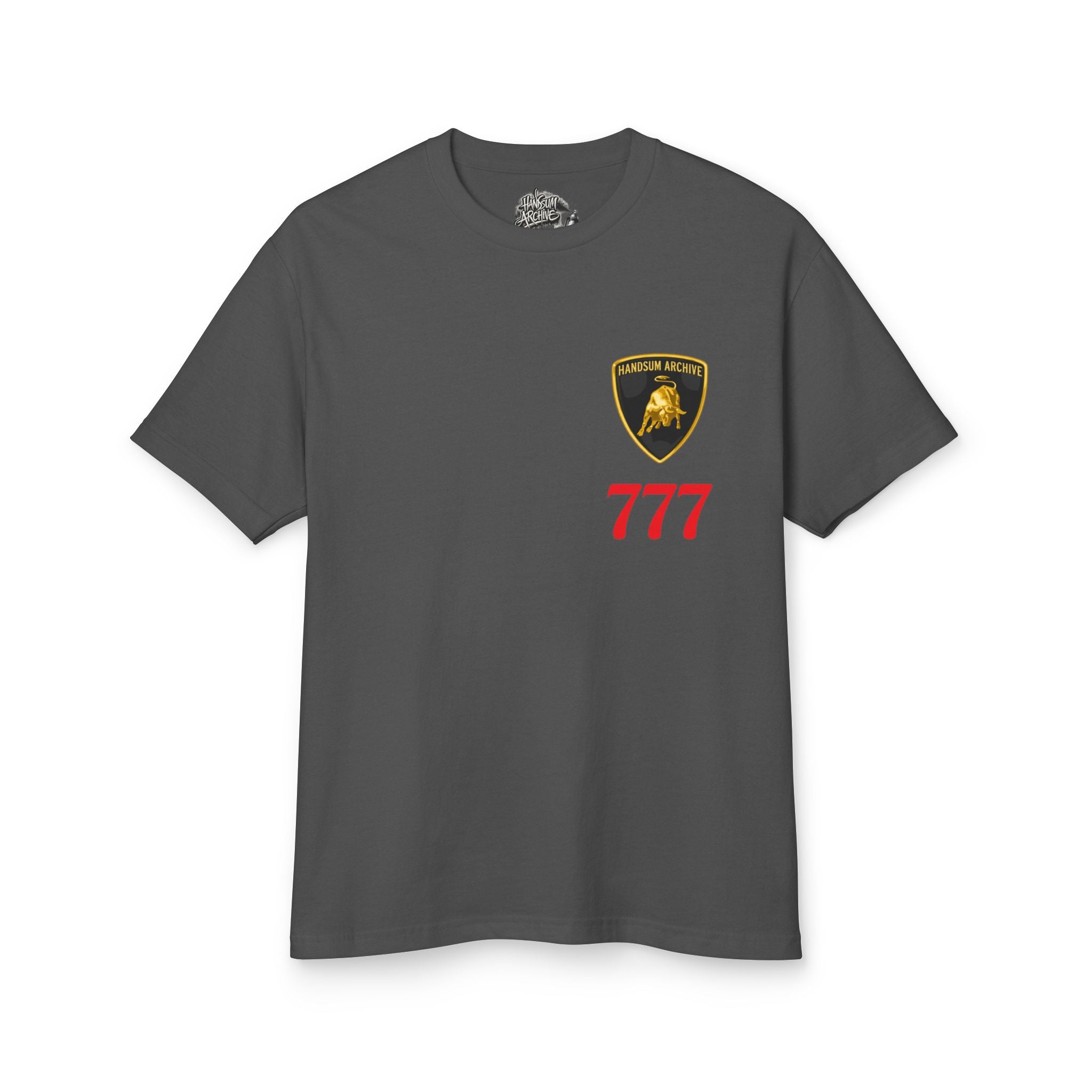 Charcoal crewneck T-shirt with shield logo and red 777 on front