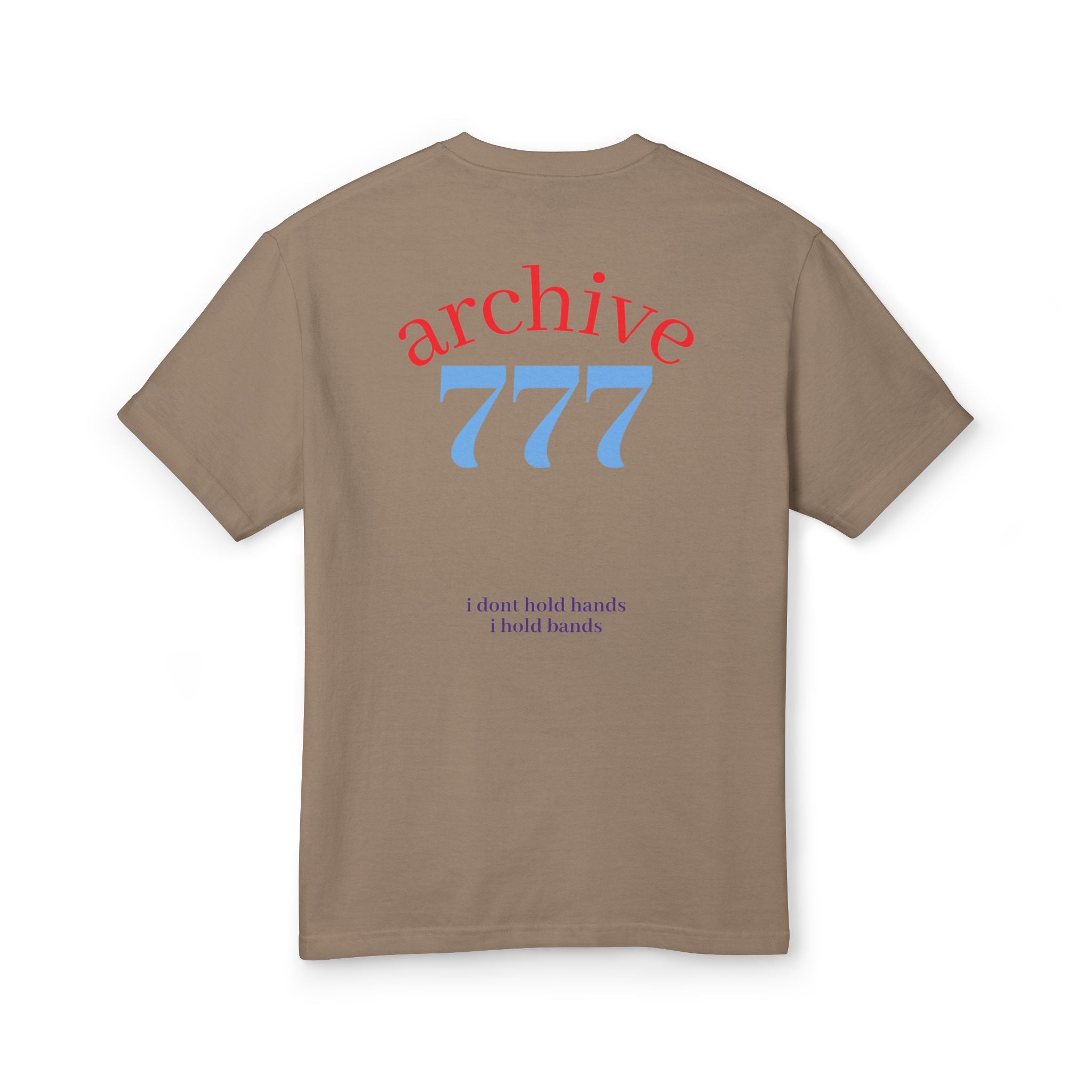 Brown crewneck graphic tee with “archive 777” and small text on back