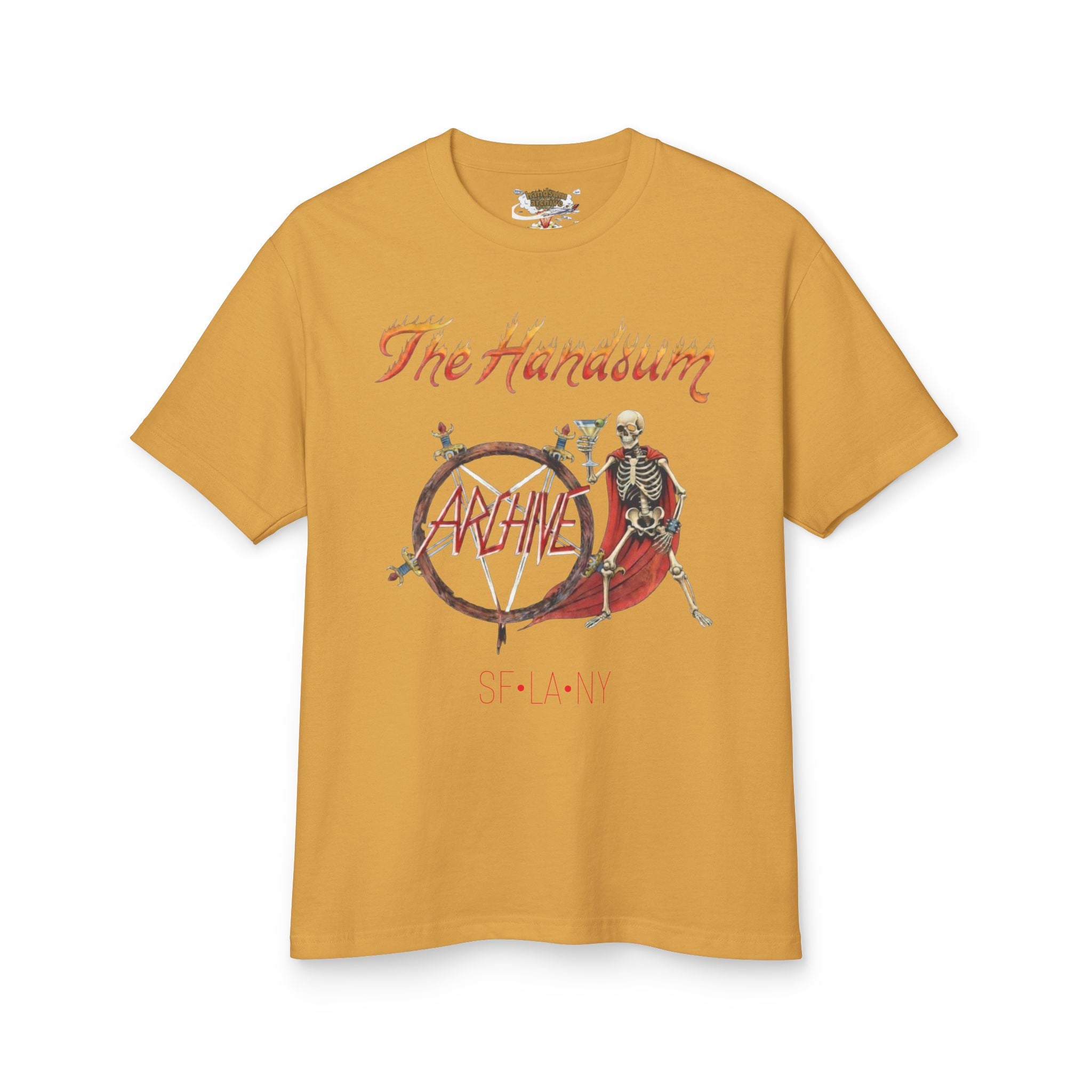 Mustard crewneck Slayer Generational tee with skeleton bicycle graphic on front