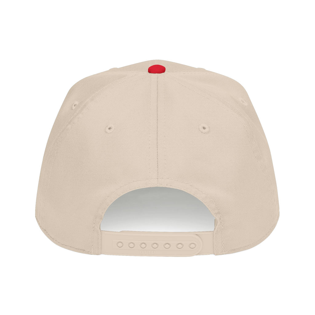 Beige baseball cap with red top button and adjustable strap
