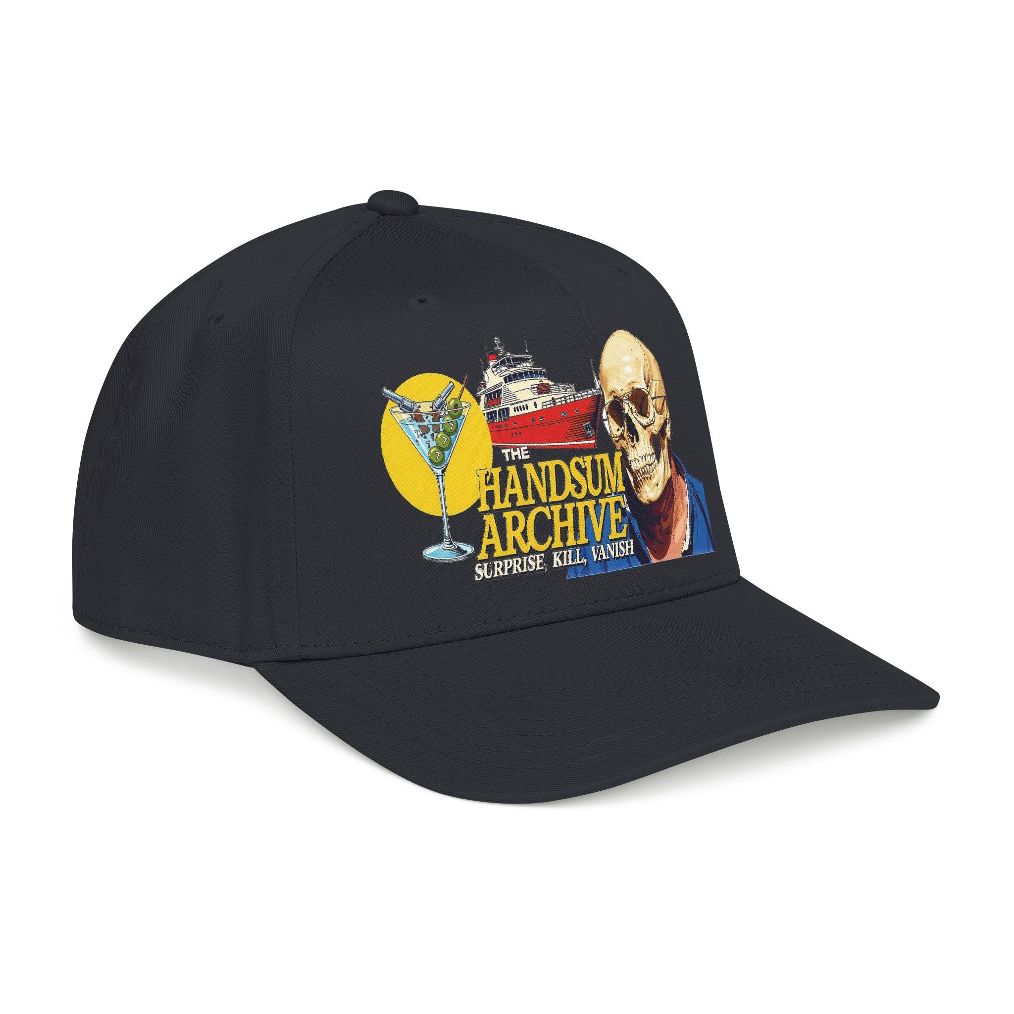 Black baseball cap with colorful skull graphic front panel and dark button