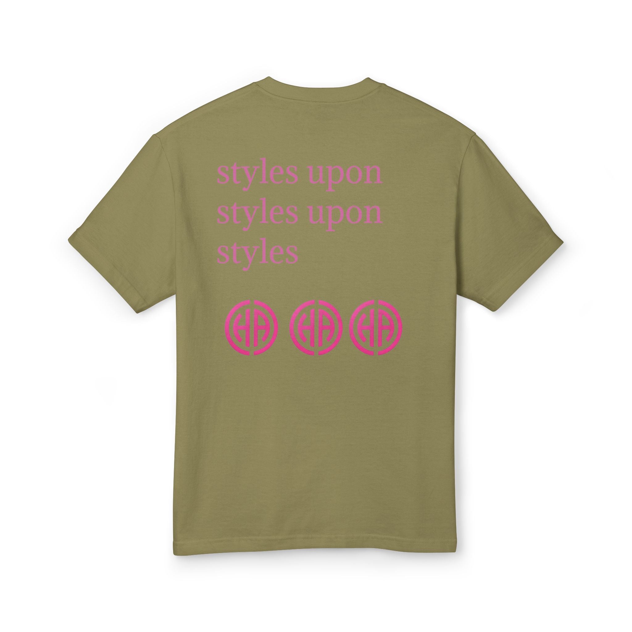 Olive T-shirt back with pink text “styles upon” and three circular logos