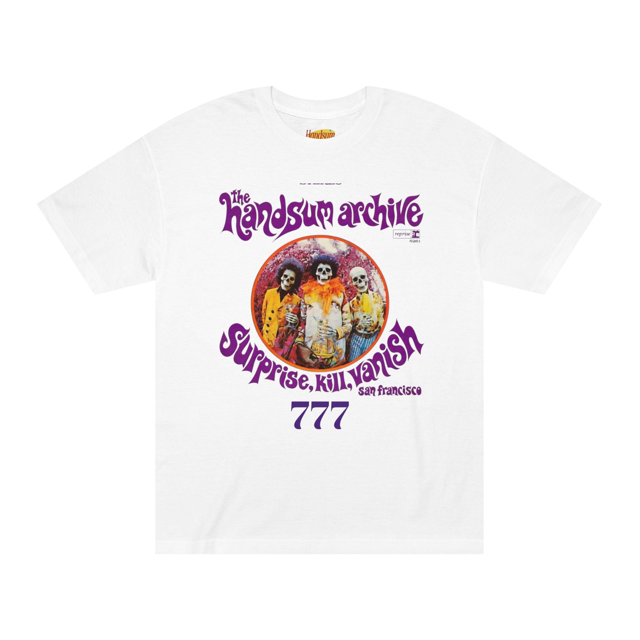 White T-shirt with purple logo and skull circle graphic, short sleeves