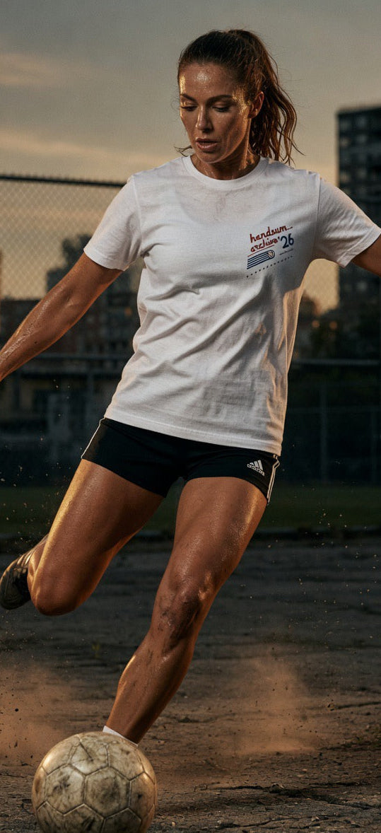 White short-sleeve sports tee with chest graphic, worn while running