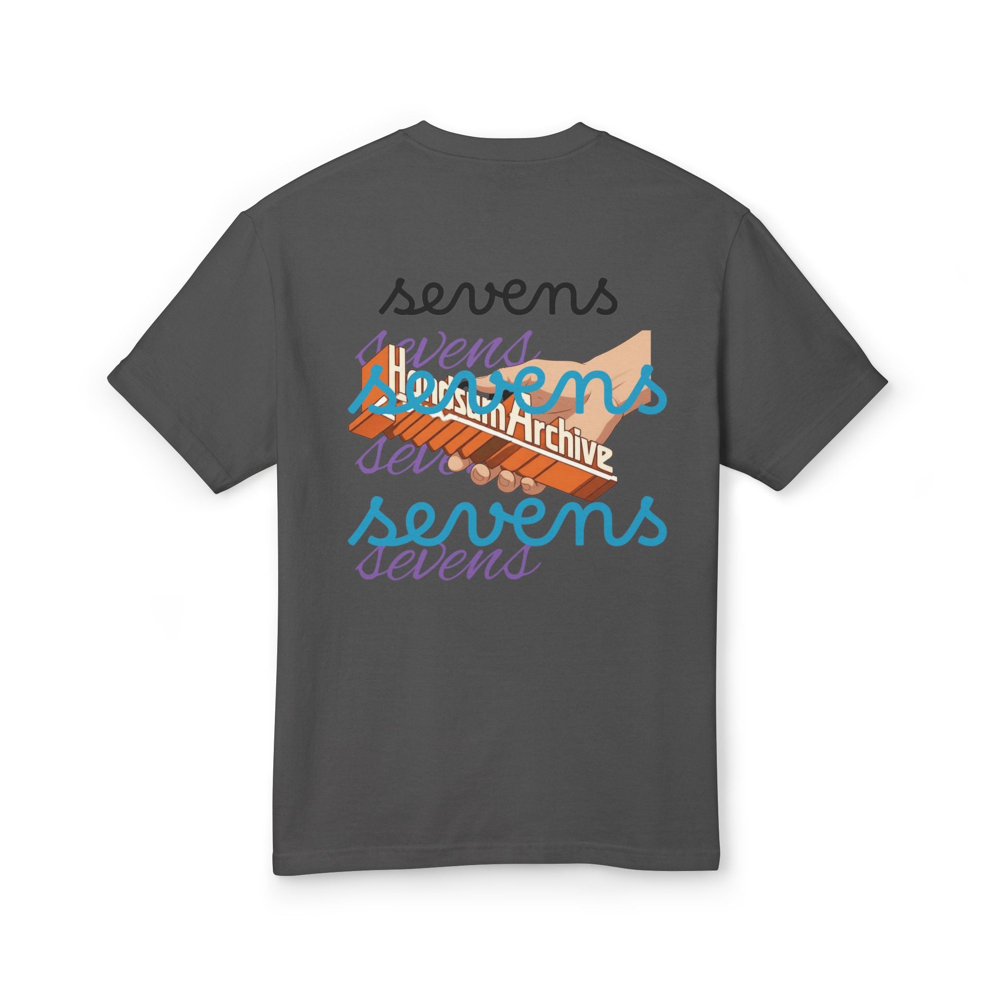 Faded black crewneck tee with multicolor back graphic text