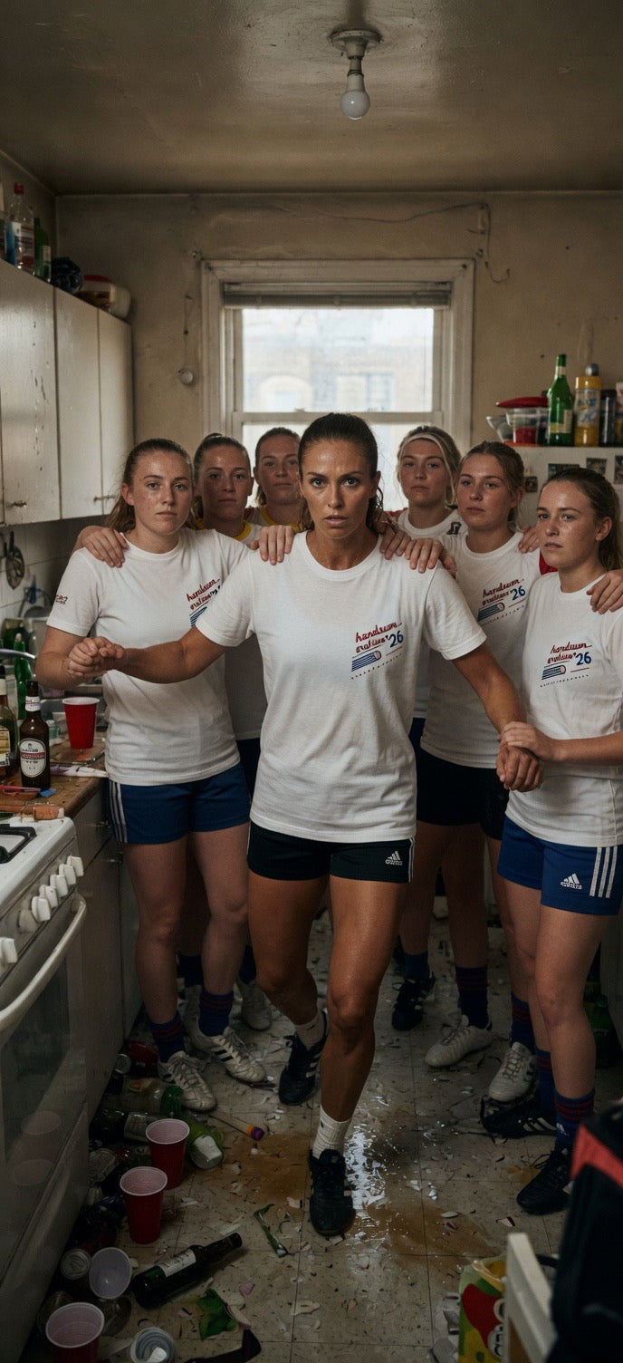 Group of athletes wearing white short-sleeve tees with small chest graphic