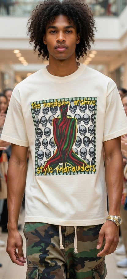 Cream Marauders graphic T-shirt with skull pattern box print on the chest