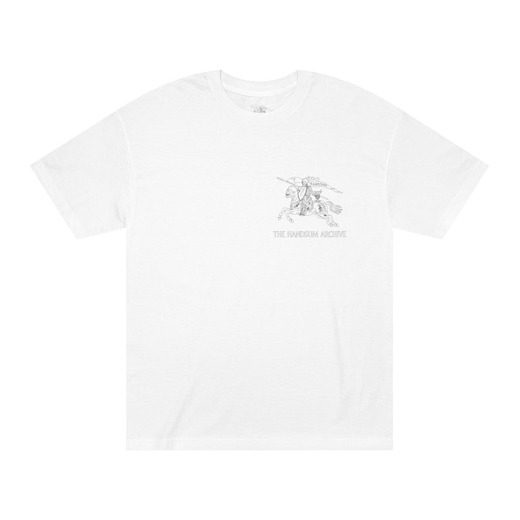 Handsum Island T-shirt, white crewneck with small chest line-art graphic.