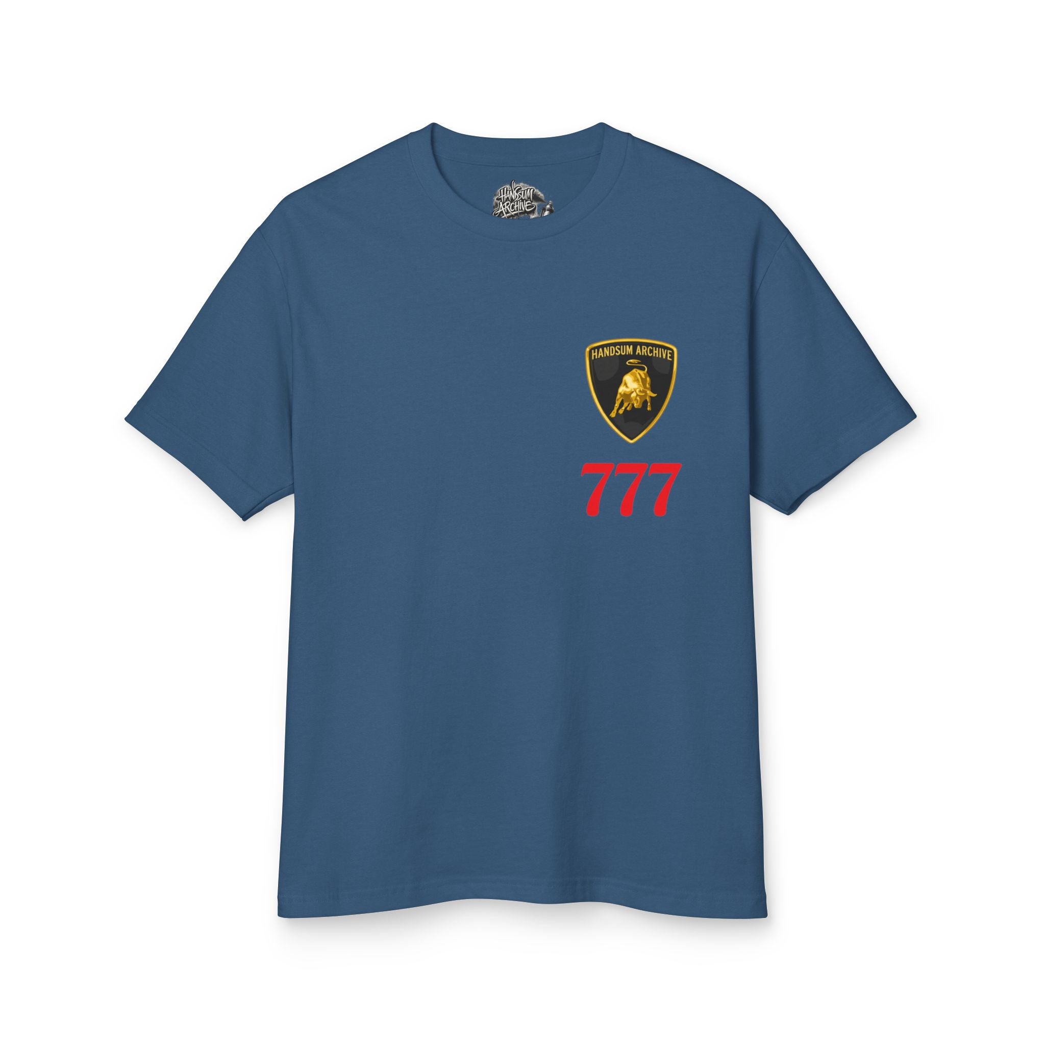 Blue crewneck T-shirt with shield logo and red 777 on front