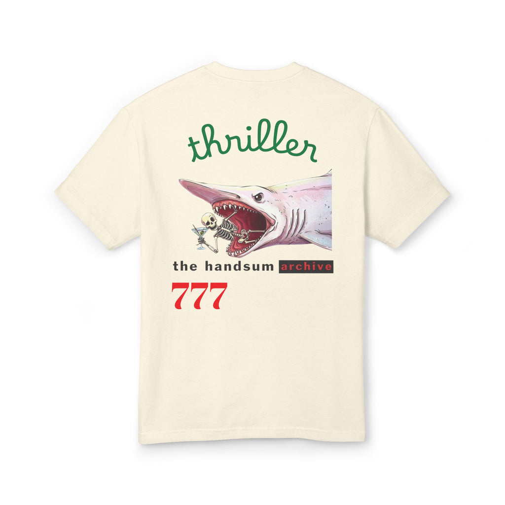 Cream back graphic T-shirt with shark, thriller text, and Handsum archive 777
