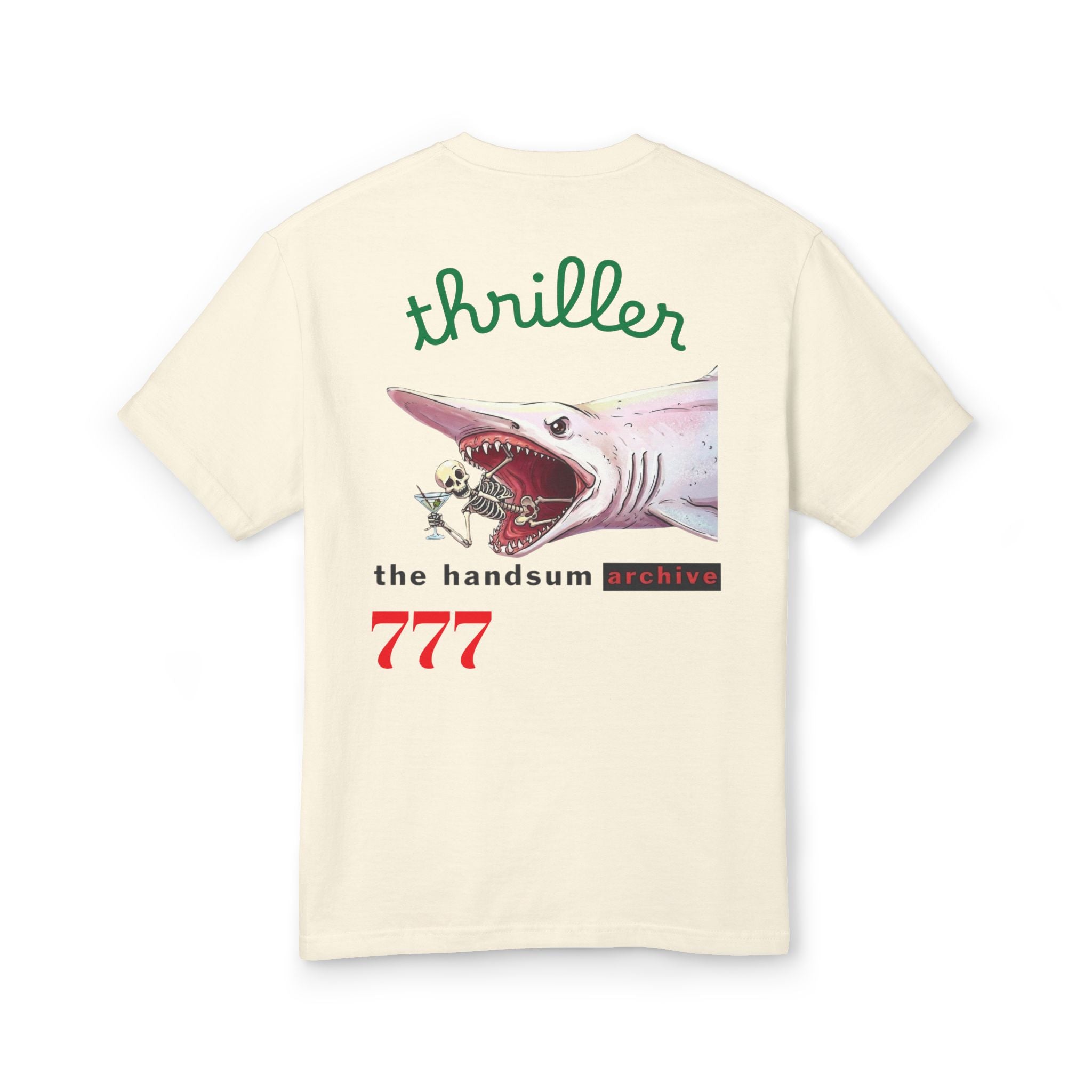 Cream back graphic T-shirt with shark, thriller text, and Handsum archive 777