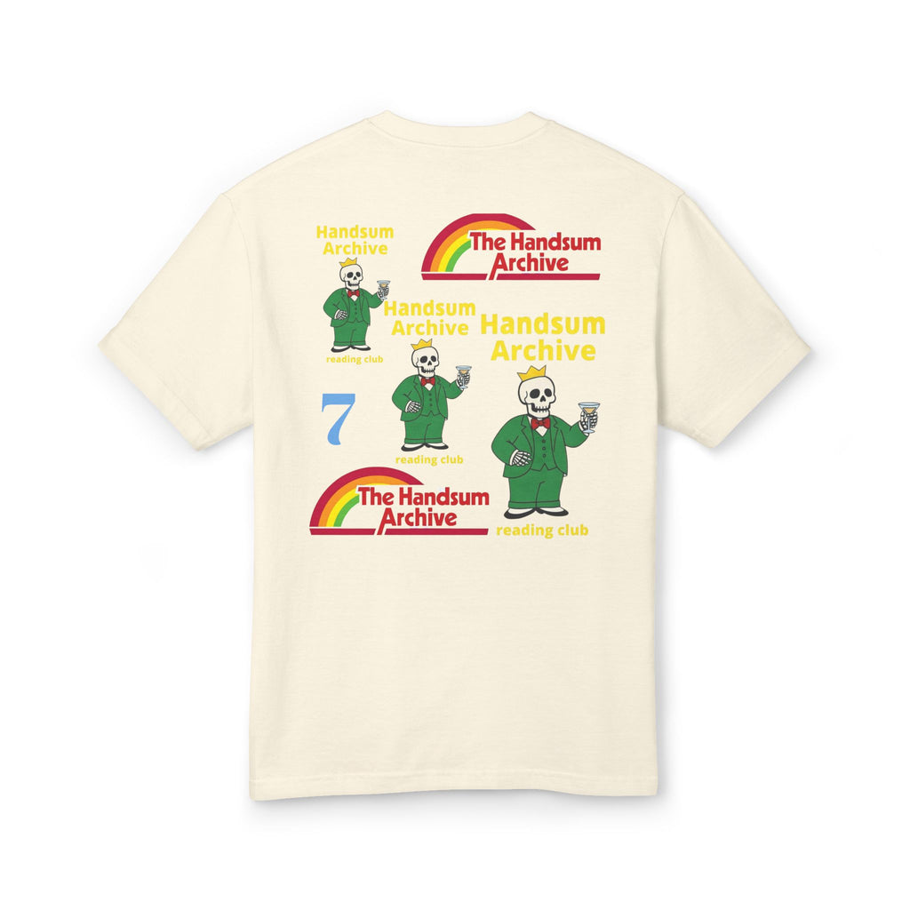 Faded cream T-shirt back with 'The Handsum Archive' logo and cartoon figures