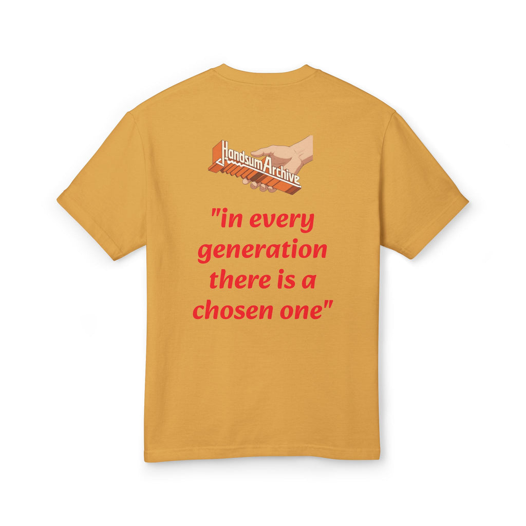 Gold-brown Slayer Generational tee with back logo and red “in every generation” quote.