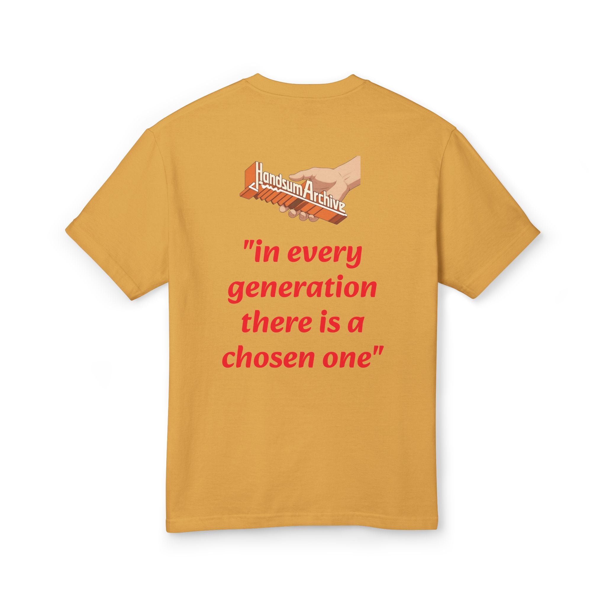 Gold-brown Slayer Generational tee with back logo and red “in every generation” quote.