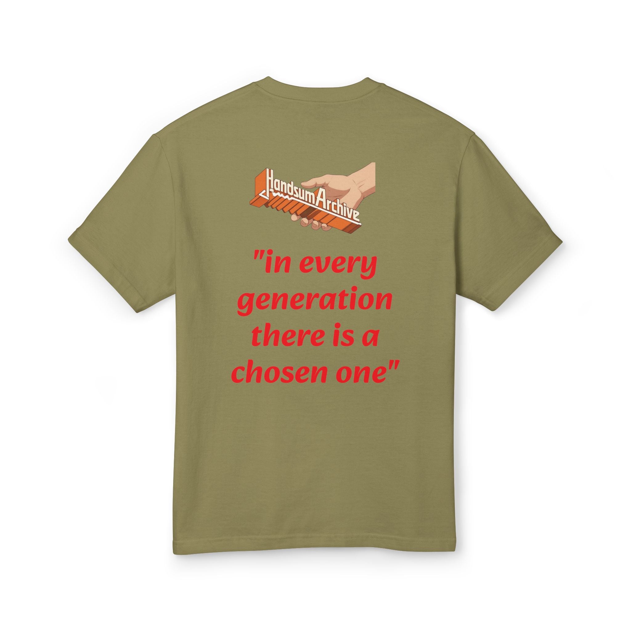 Olive Slayer Generational tee with back logo and red “in every generation” quote.