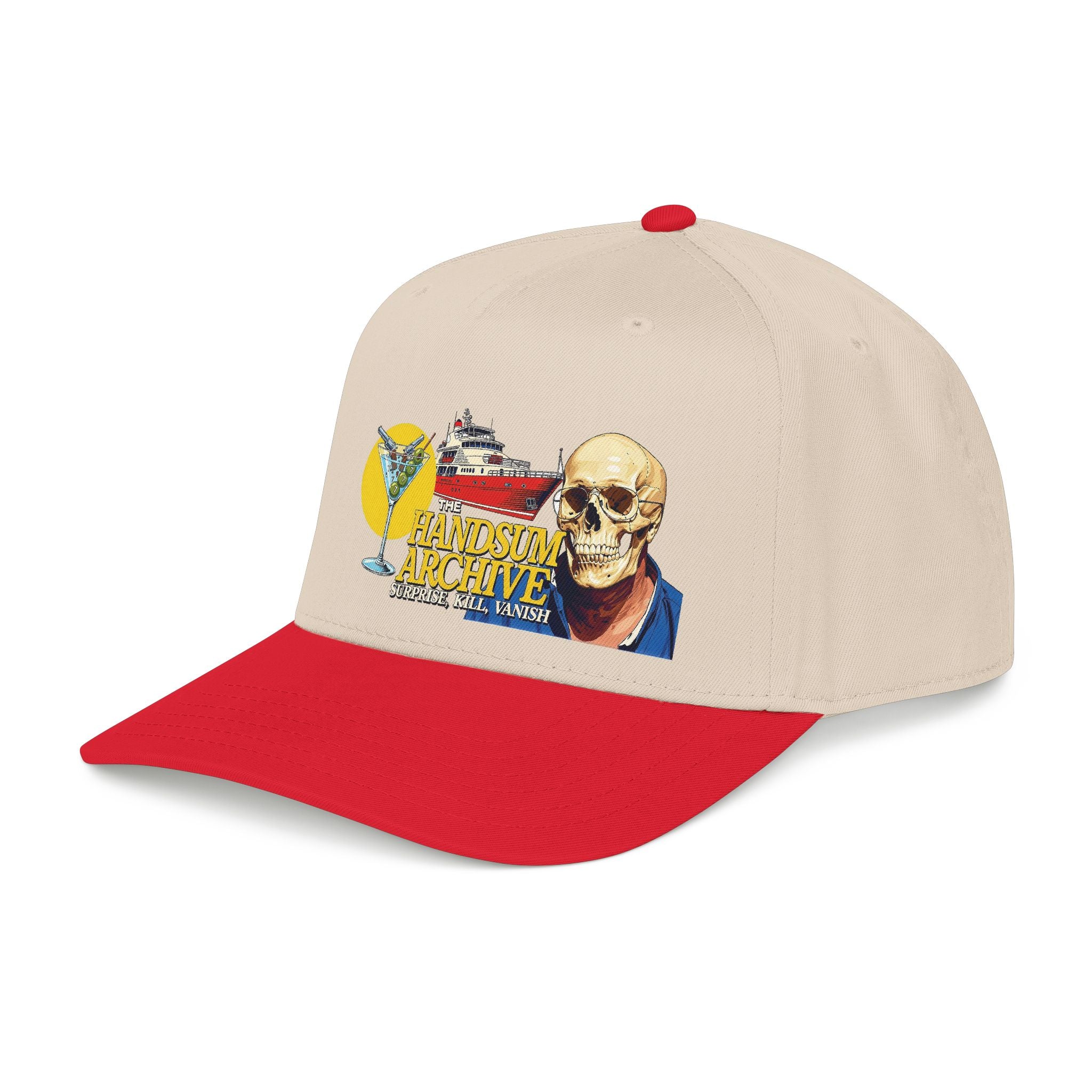 Beige baseball cap with skull front graphic and red brim
