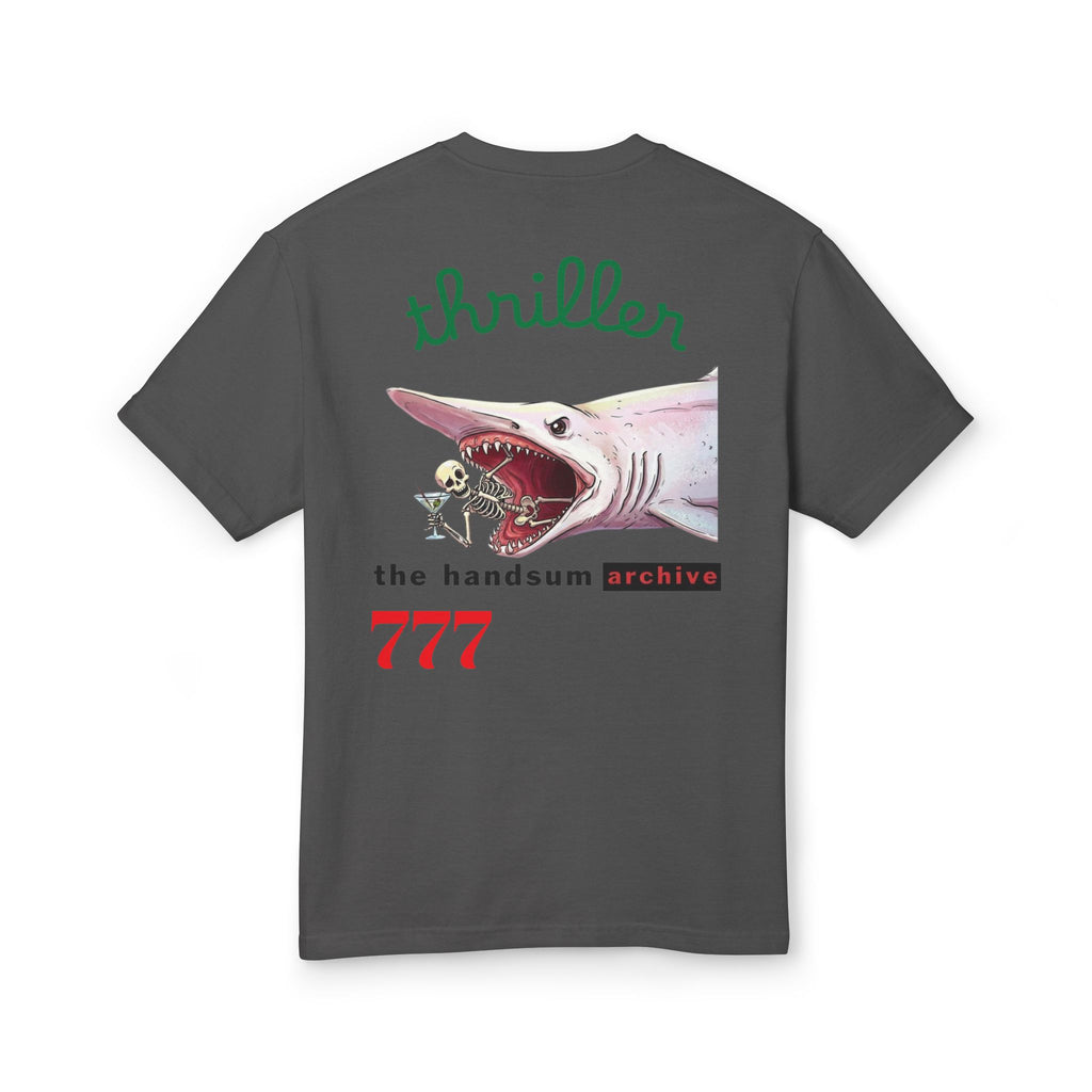 Dark gray short-sleeve T-shirt with front shark graphic and “777” print