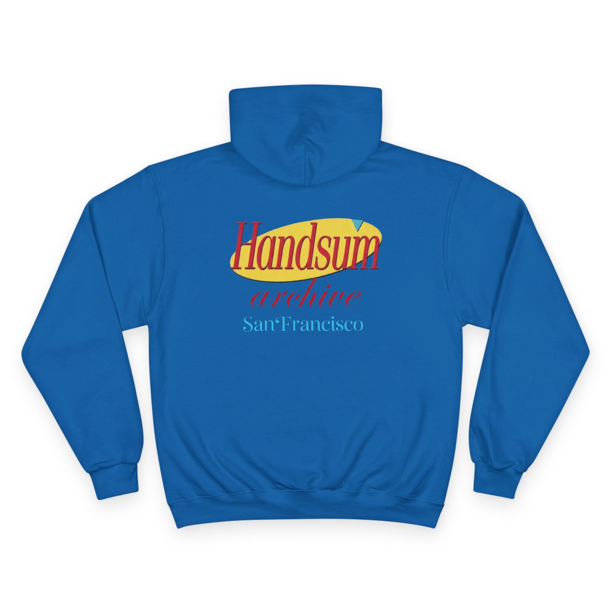 Royal blue hoodie with front Handsum architecure graphic and hood drawstring