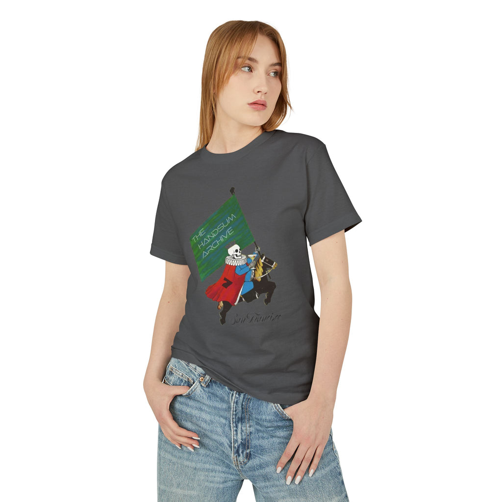 Dark gray graphic t-shirt with knight character print on front, short sleeves