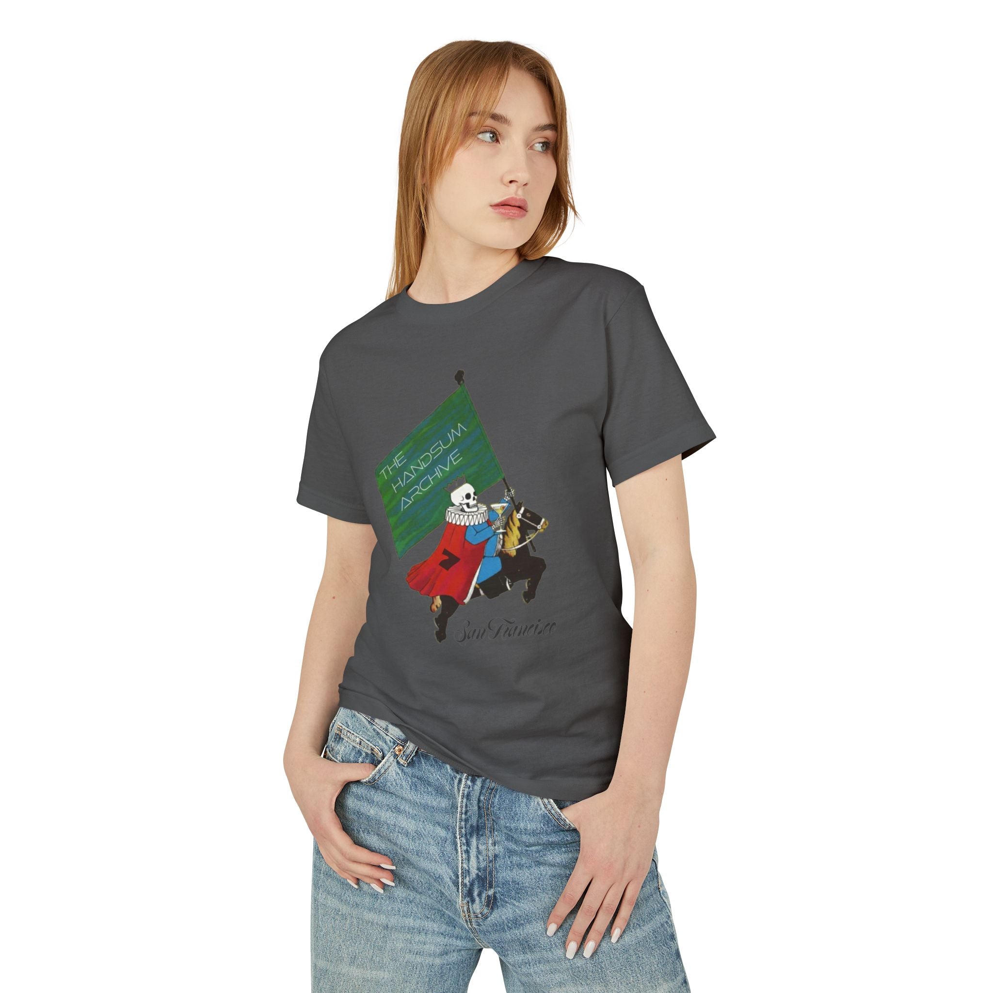 Dark gray graphic t-shirt with knight character print on front, short sleeves