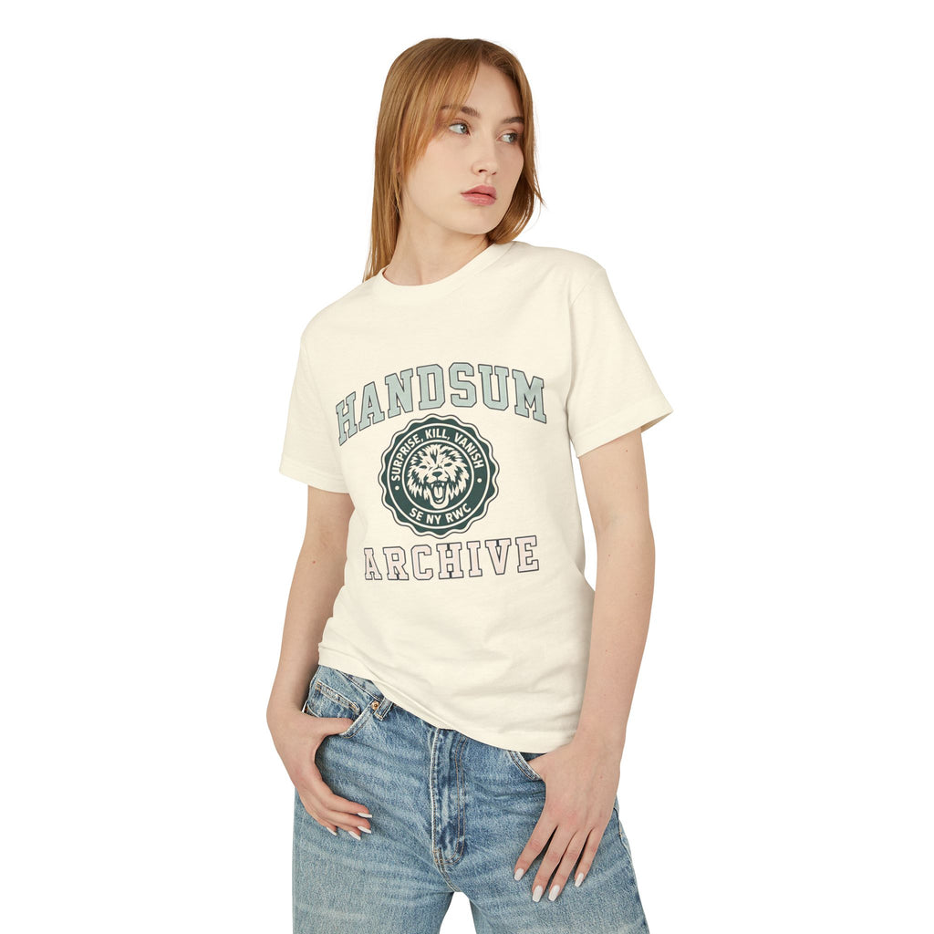 Cream crewneck graphic T-shirt with circular HA arch print