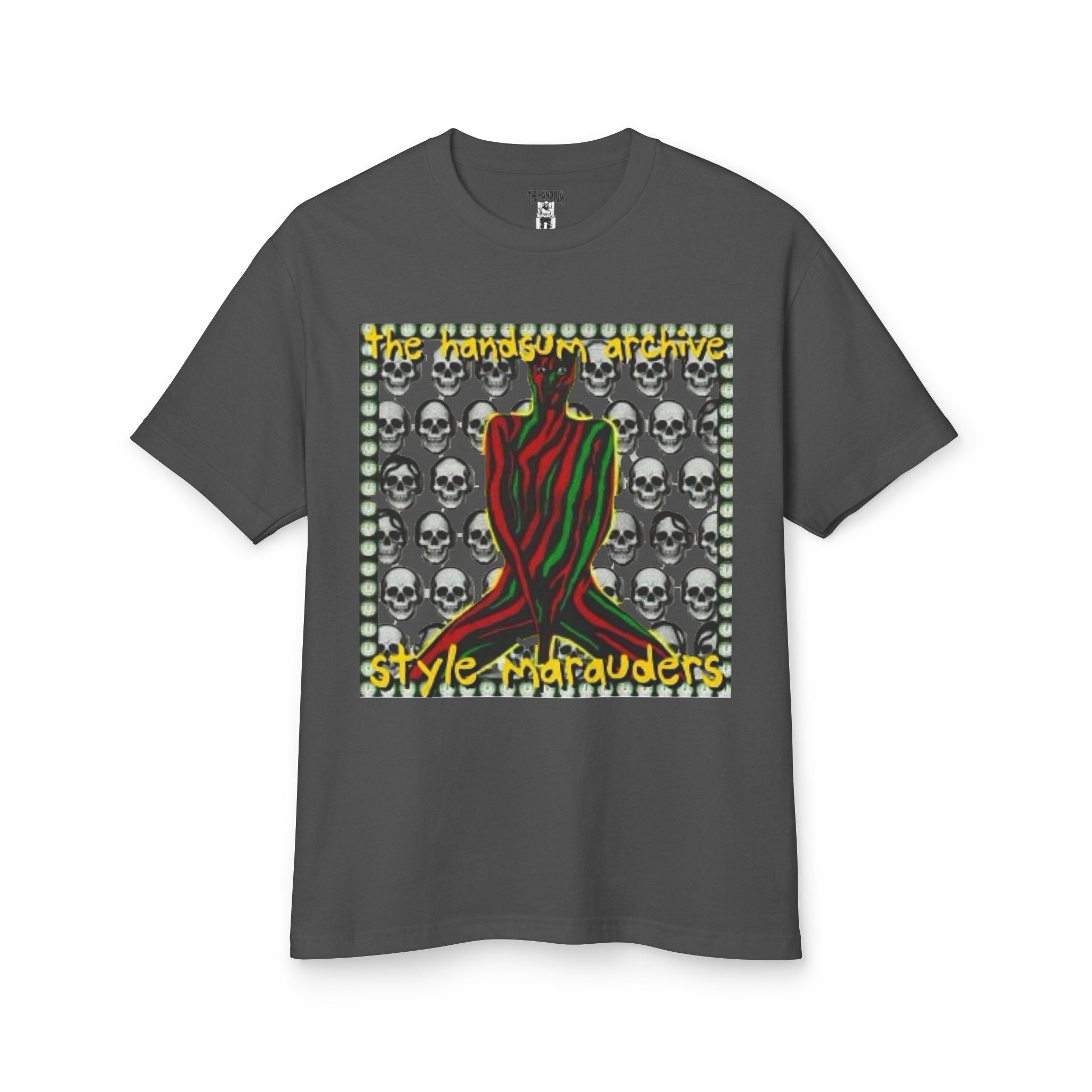 Dark gray T-shirt with square front graphic of skulls and red-striped character