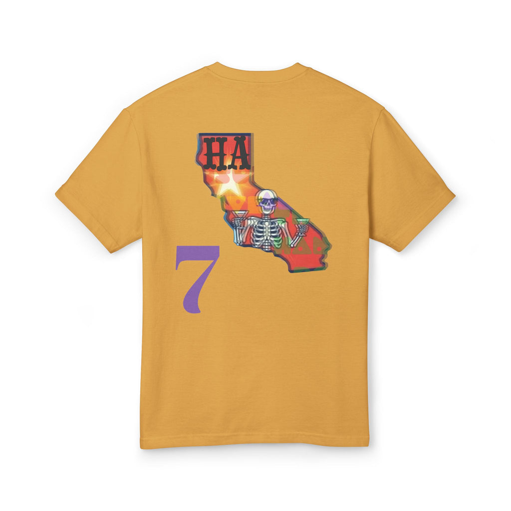 Mustard yellow concert T-shirt, back graphic with skeleton figure and state outline