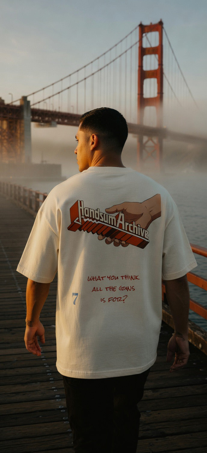 Warning Tee faded cream T-shirt, back graphic with handsum archive logo and question text