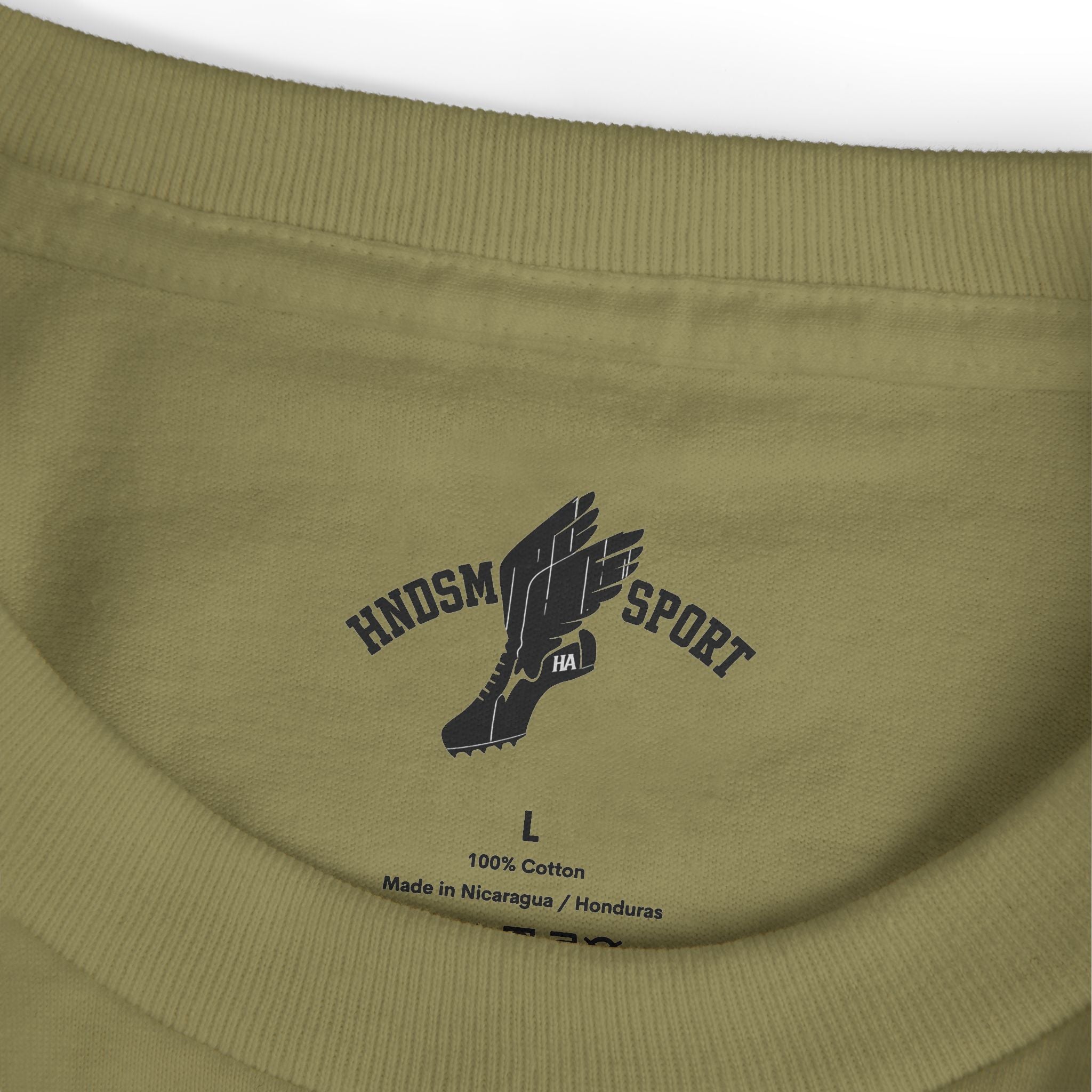 Olive daily tee close-up with neck label and size L, 100% cotton