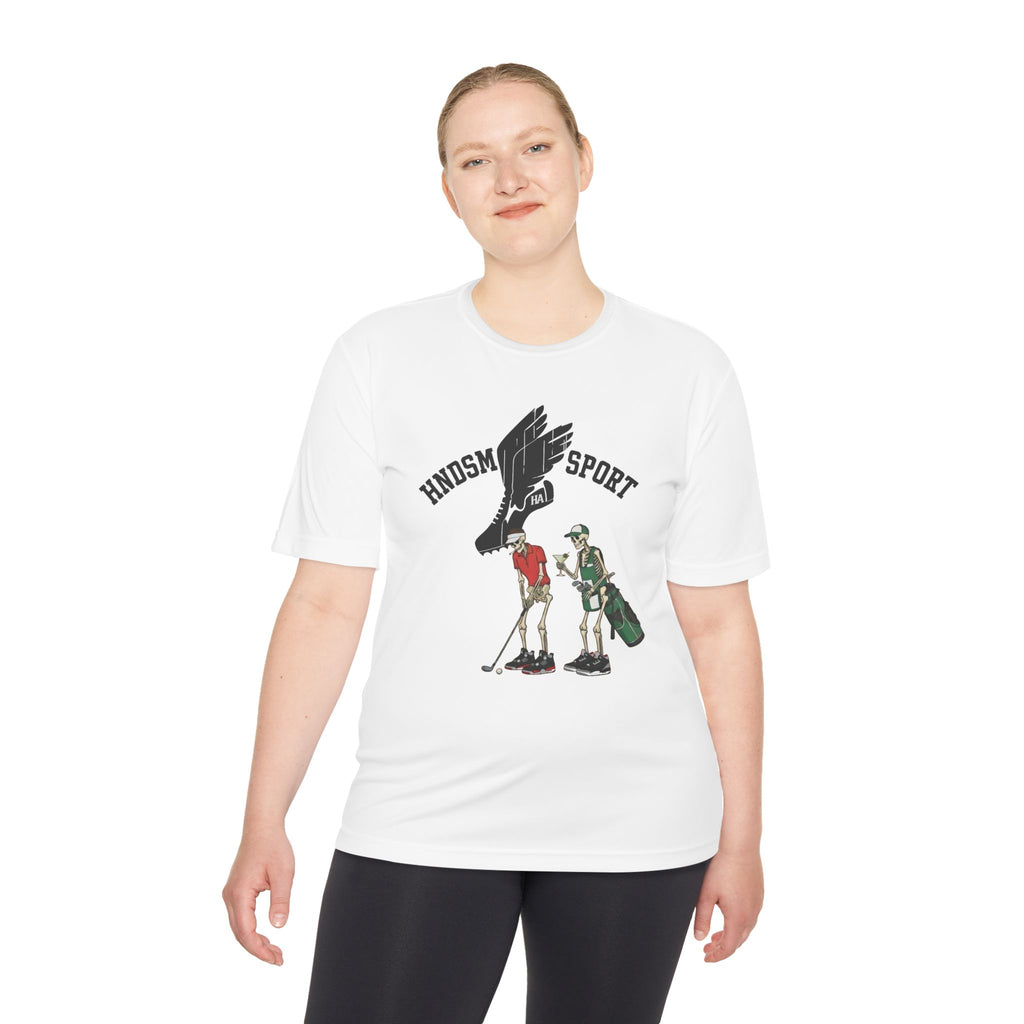 White T-shirt with front eagle and sport-themed characters graphic.