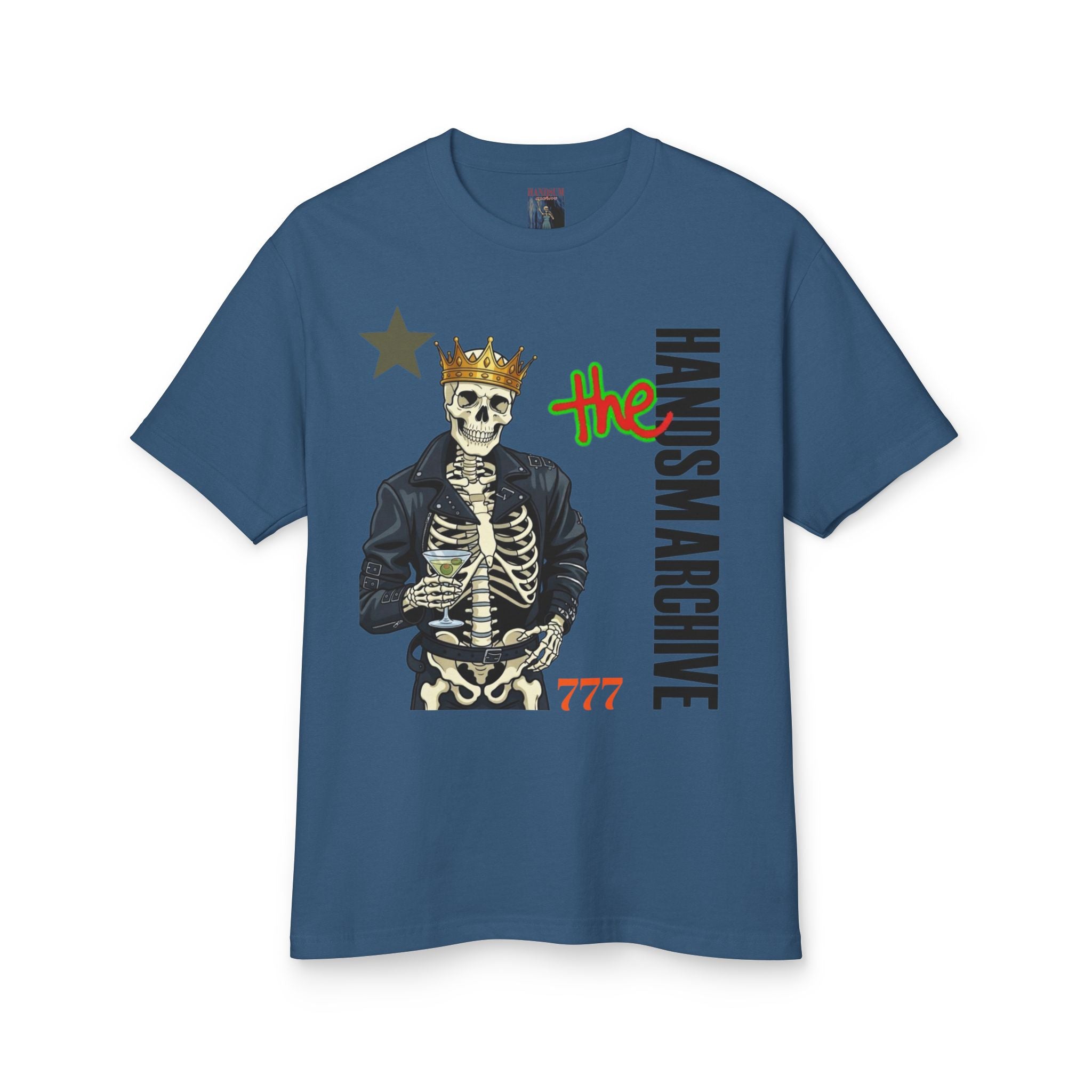 Blue crewneck T-shirt with skeleton king graphic and The Handsmarchive lettering