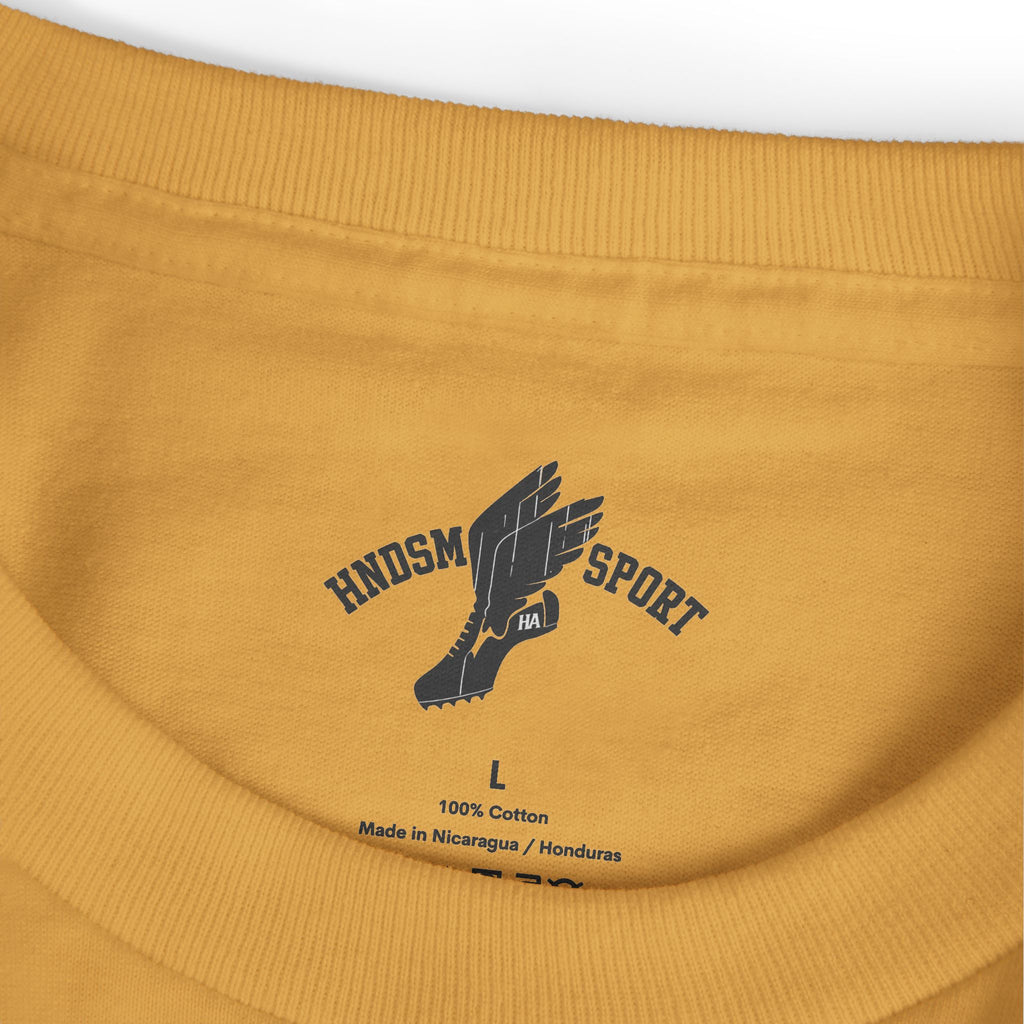Mustard tee close-up of ribbed crew neck and back foot graphic; size L tag
