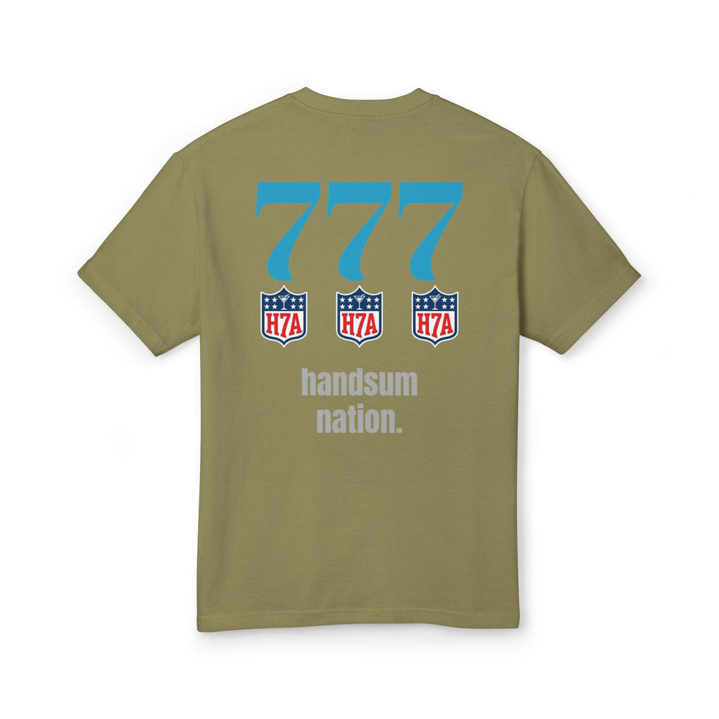 Army green T-shirt back view with “777” graphic and “handsum nation” text below