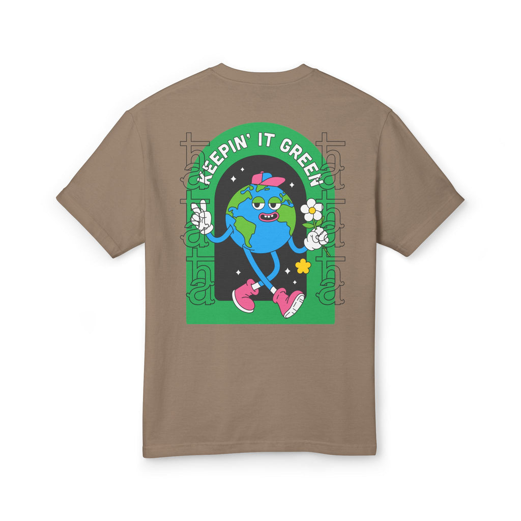 Brown daily tee with back graphic of globe character and text 'Keepin' It Green'