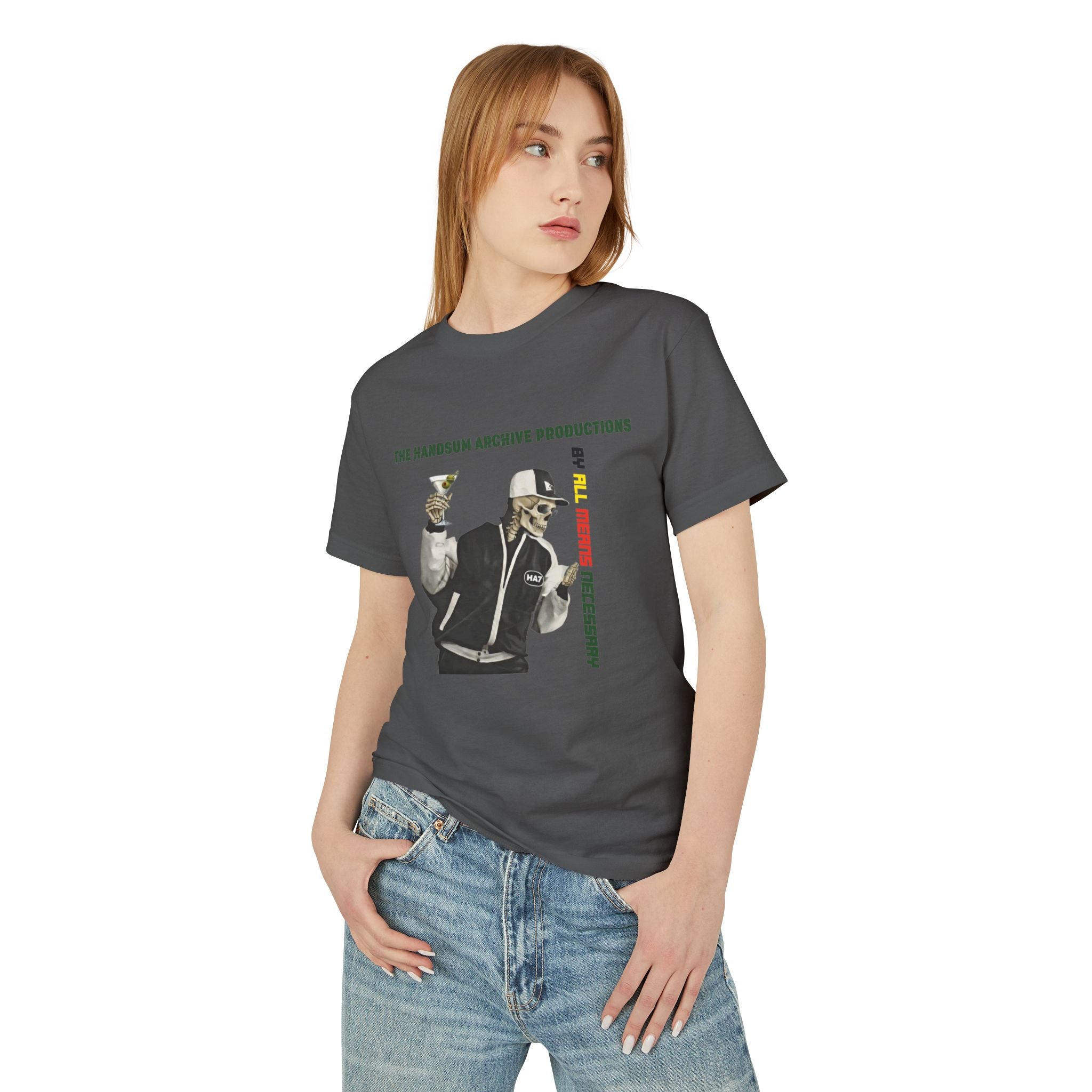 Charcoal graphic teacher T-shirt with front illustration and text print