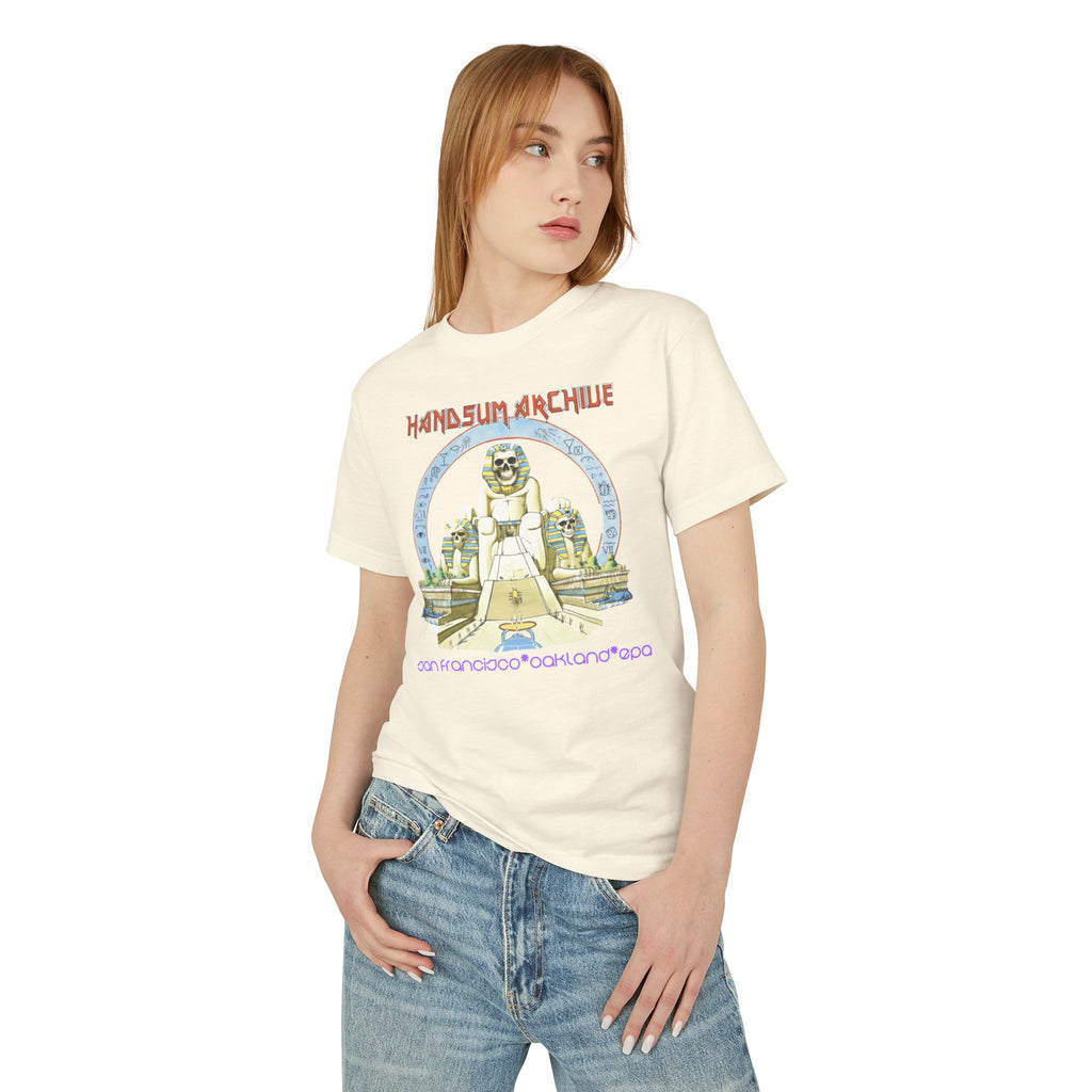 Cream Pharaoh graphic T-shirt on model, showing chest illustration and crew neck