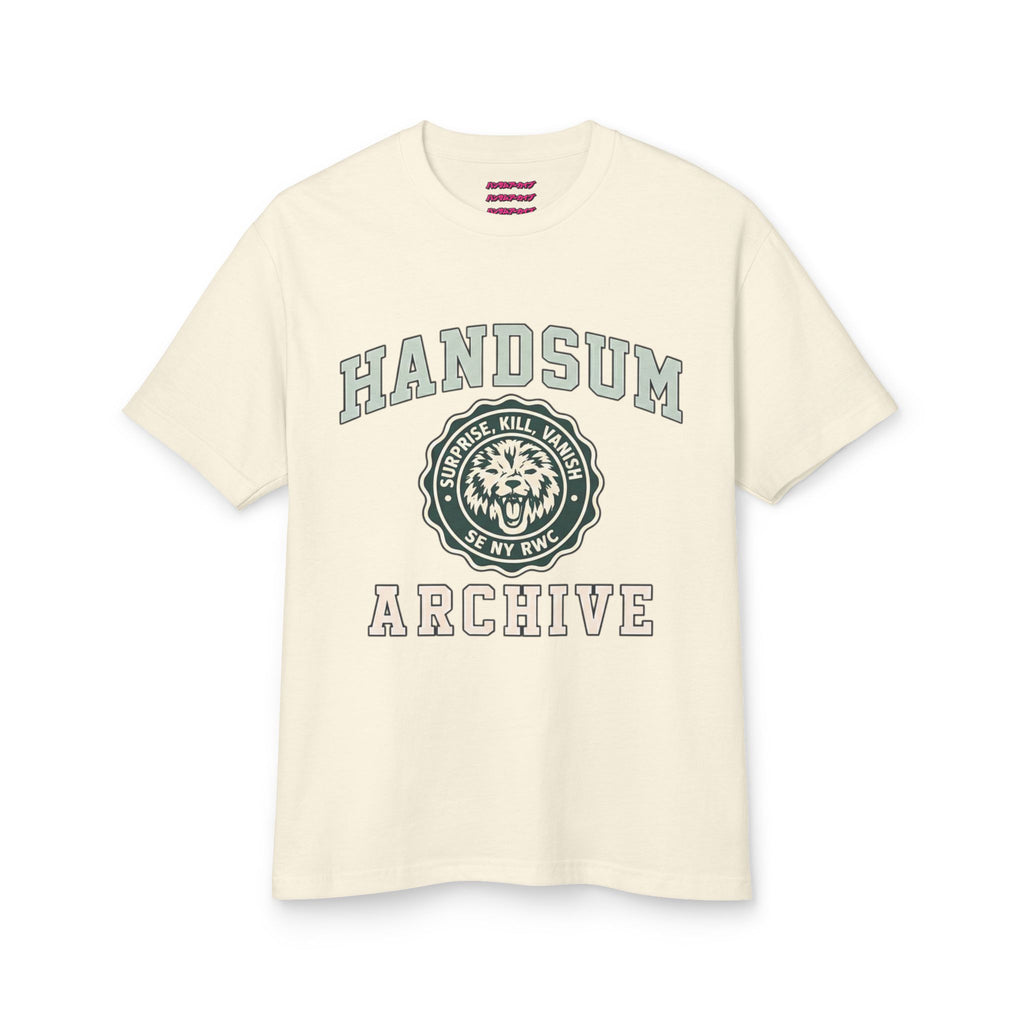 Cream graphic crew-neck T-shirt with “HANDSUM ARCHIVE” logo on the front.