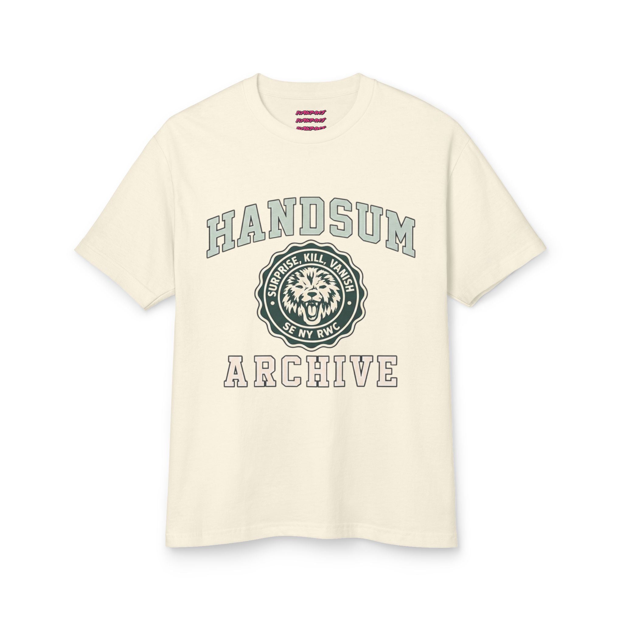 Cream graphic crew-neck T-shirt with “HANDSUM ARCHIVE” logo on the front.