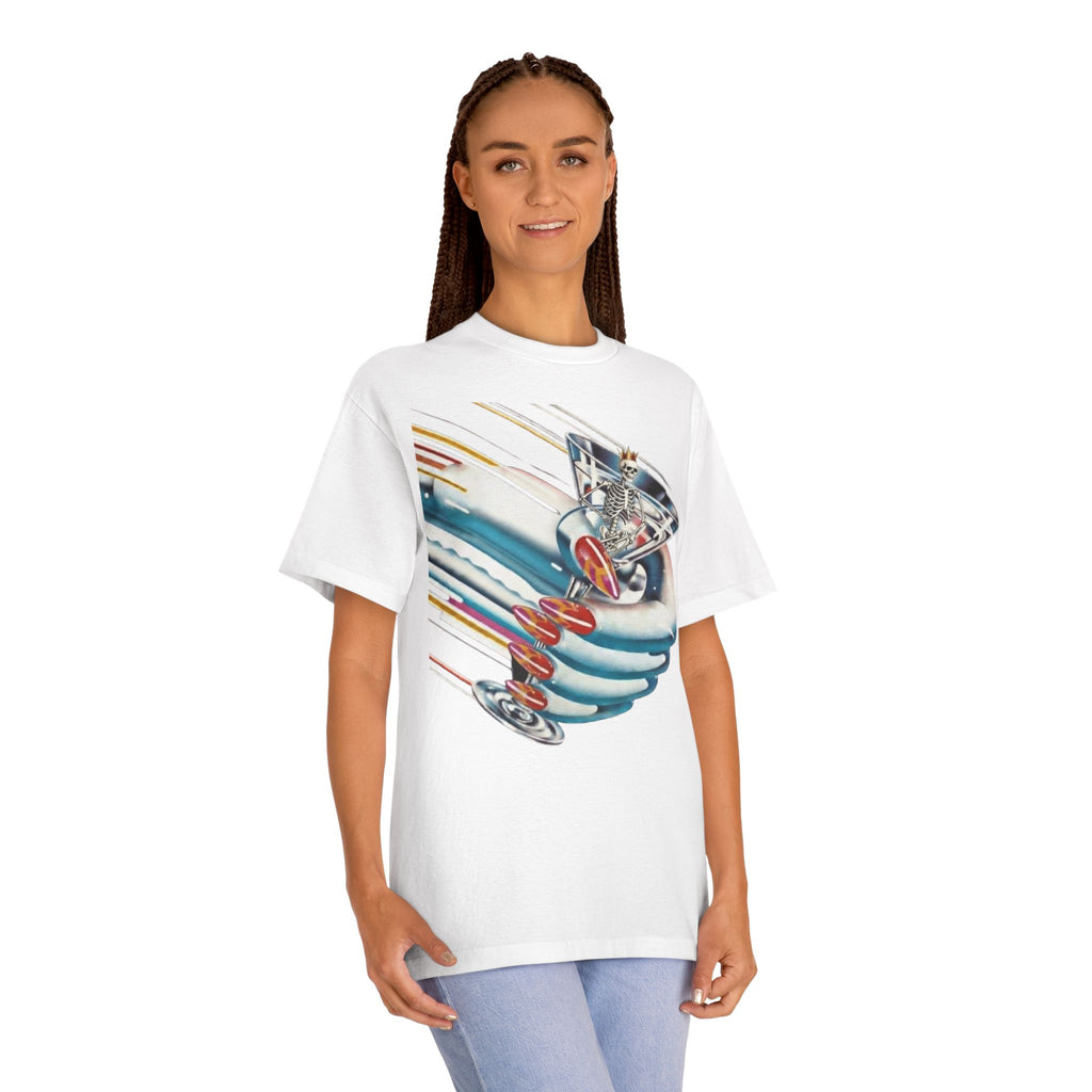 White graphic T-shirt with short sleeves and crew neck