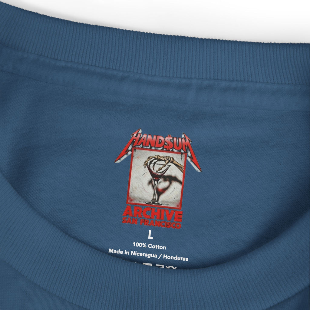 Blue crewneck tee close-up of neck label and Handsum Archive graphic