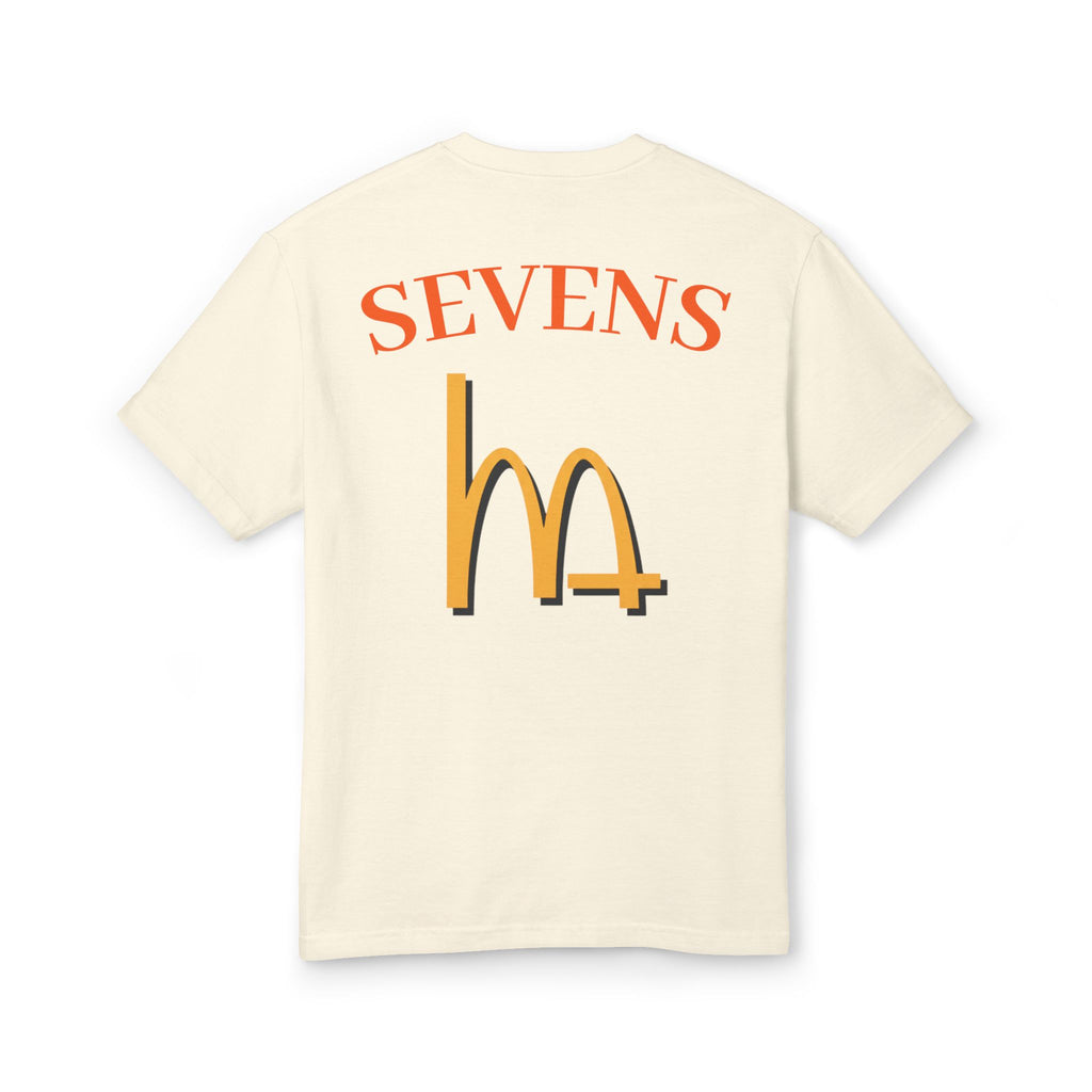 Cream tee with back 'SEVENS' lettering and 'M+' logo graphic
